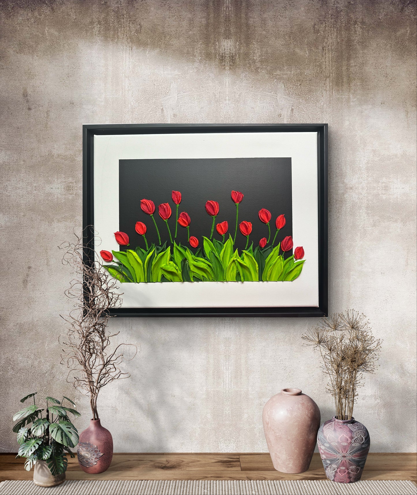 Vibrant Red Tulips on Black | Luxury Textured Floral Painting
