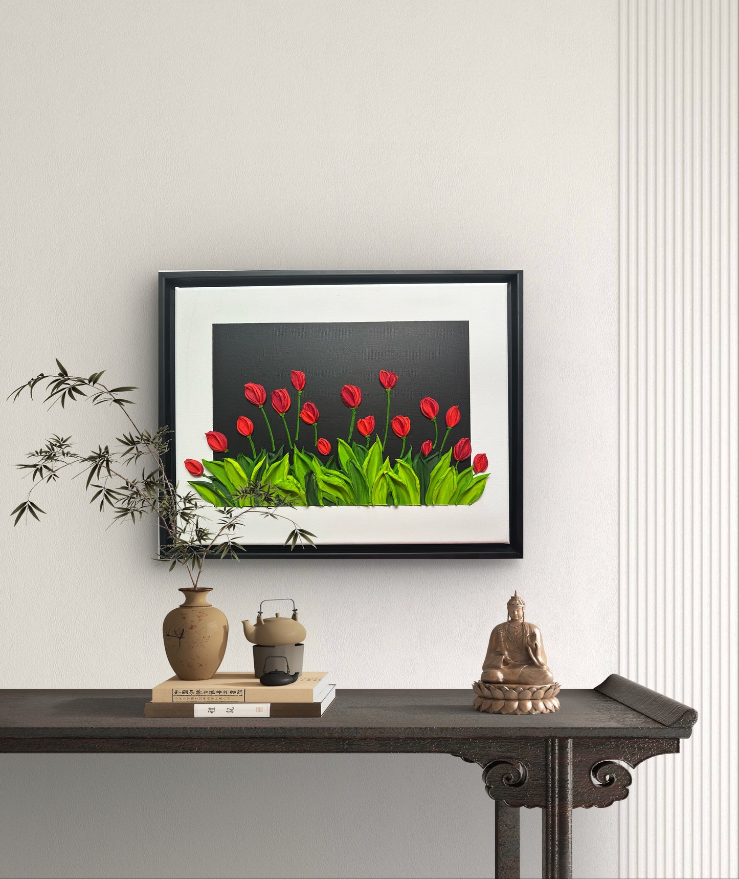 Vibrant Red Tulips on Black | Luxury Textured Floral Painting
