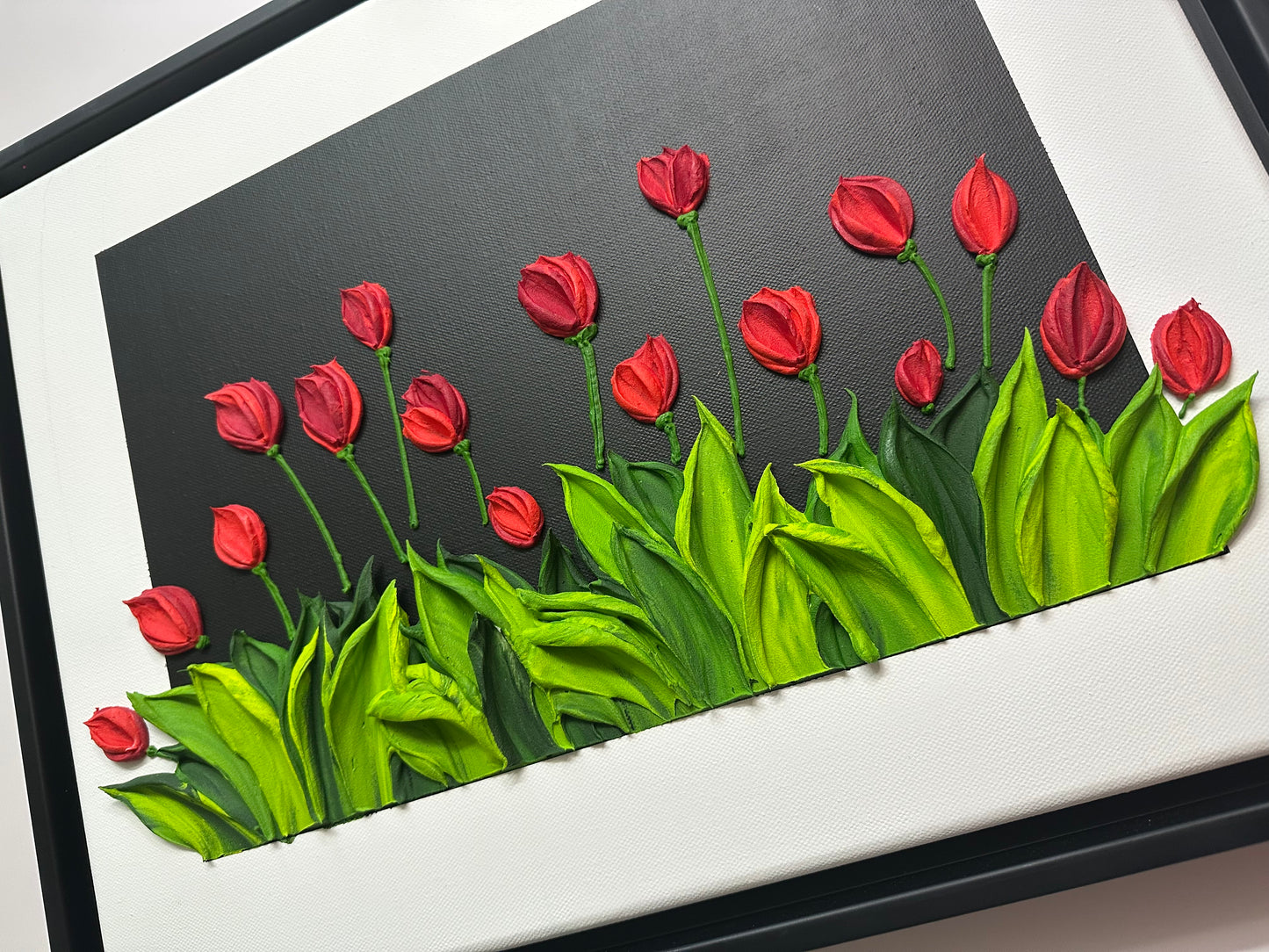Vibrant Red Tulips on Black | Luxury Textured Floral Painting