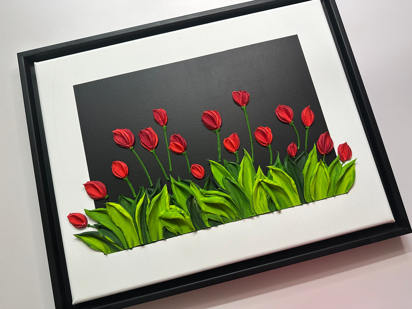 Vibrant Red Tulips on Black | Luxury Textured Floral Painting