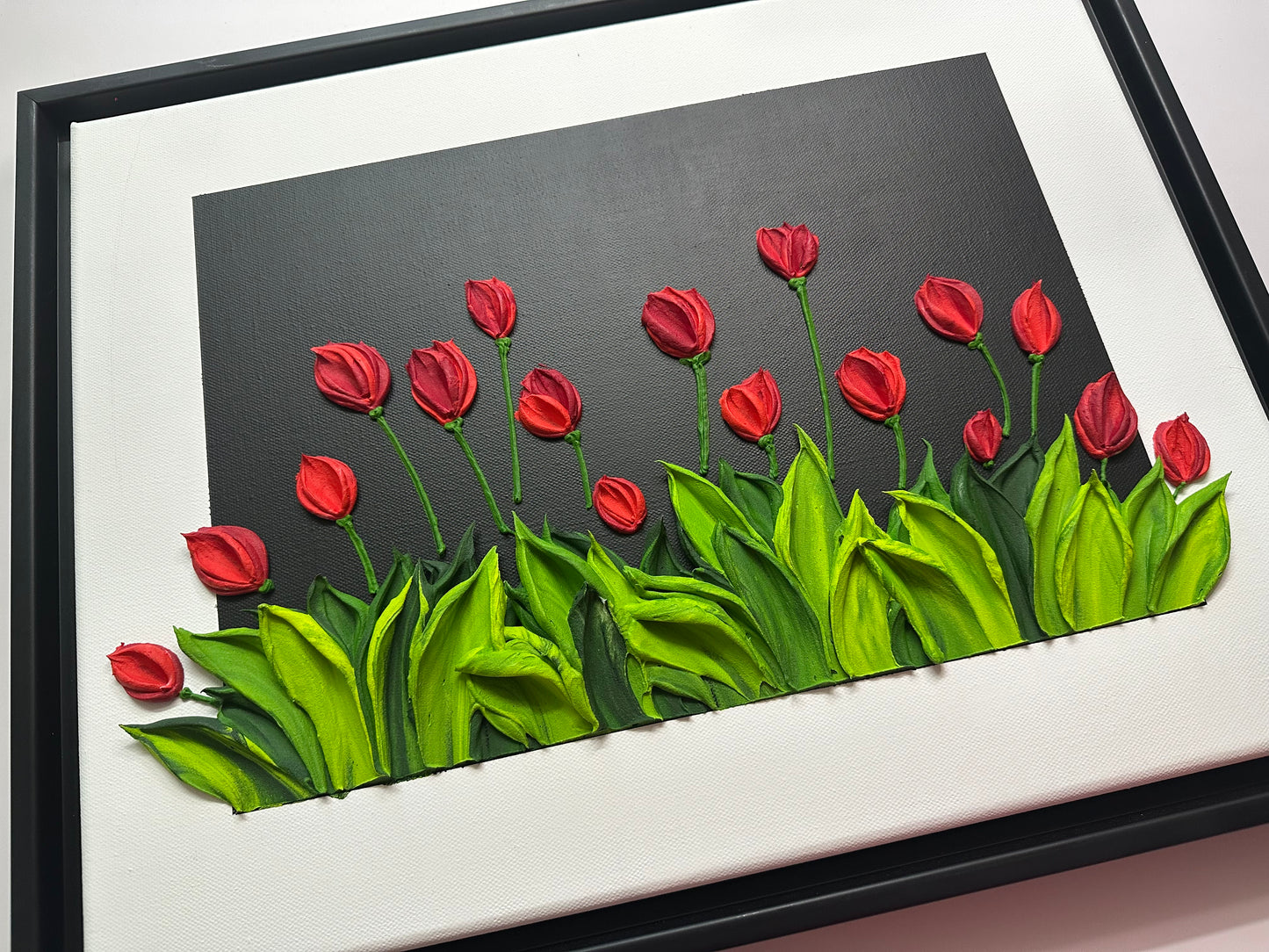 Vibrant Red Tulips on Black | Luxury Textured Floral Painting