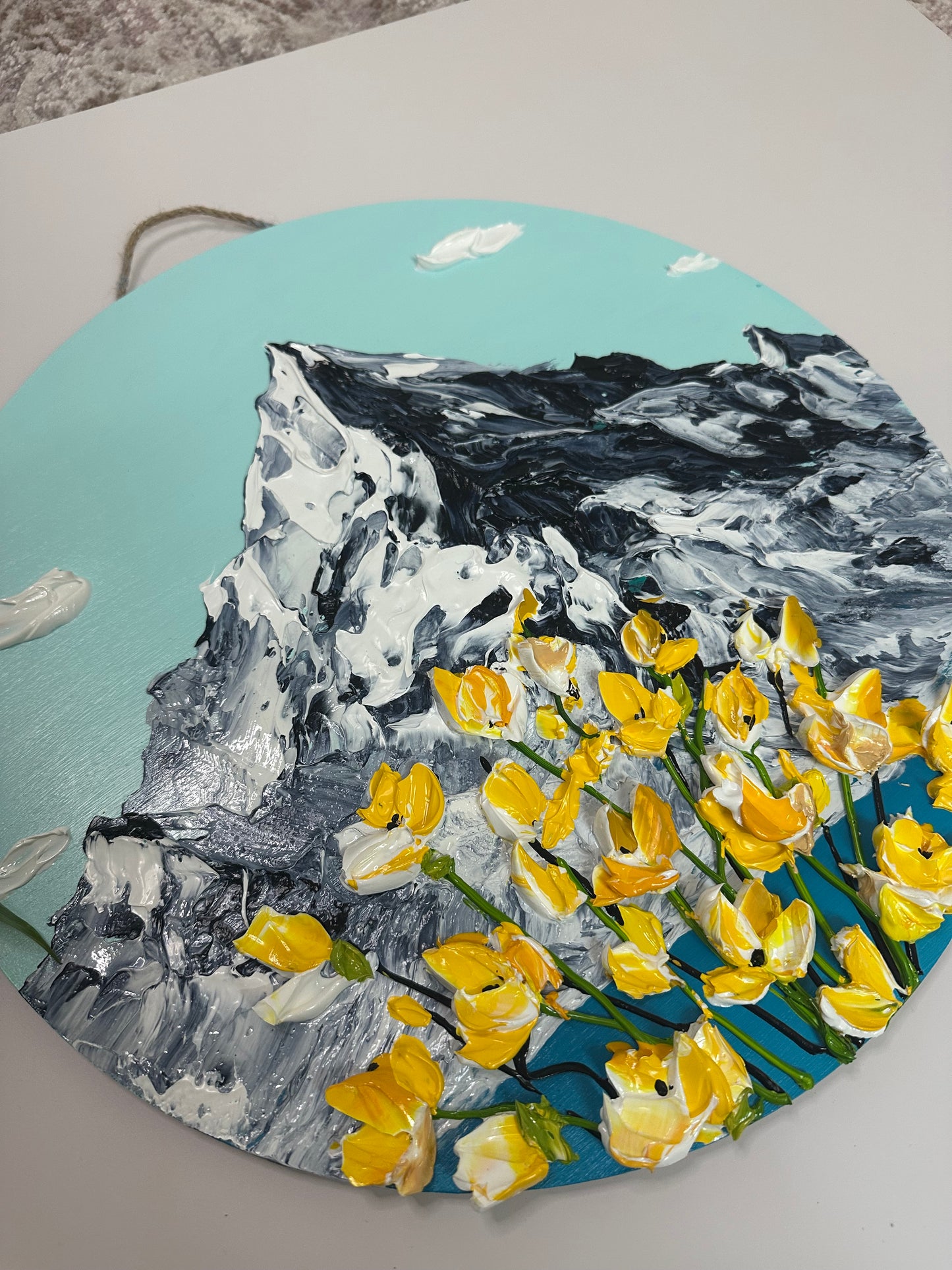 Simply Here – Round Textured Yellow Flower Painting on Wooden Panel | Modern Floral Wall Art