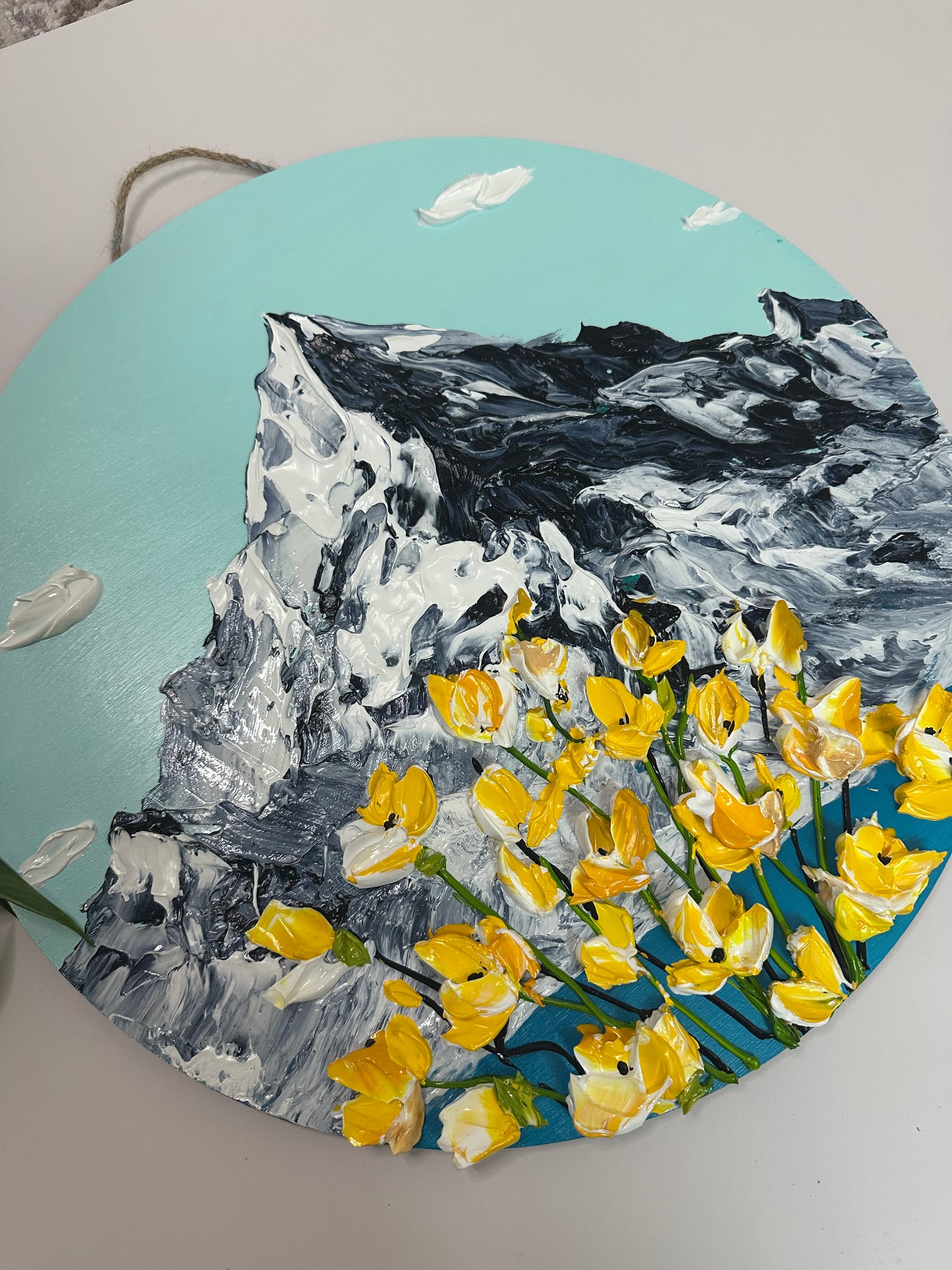 Simply Here – Round Textured Yellow Flower Painting on Wooden Panel | Modern Floral Wall Art
