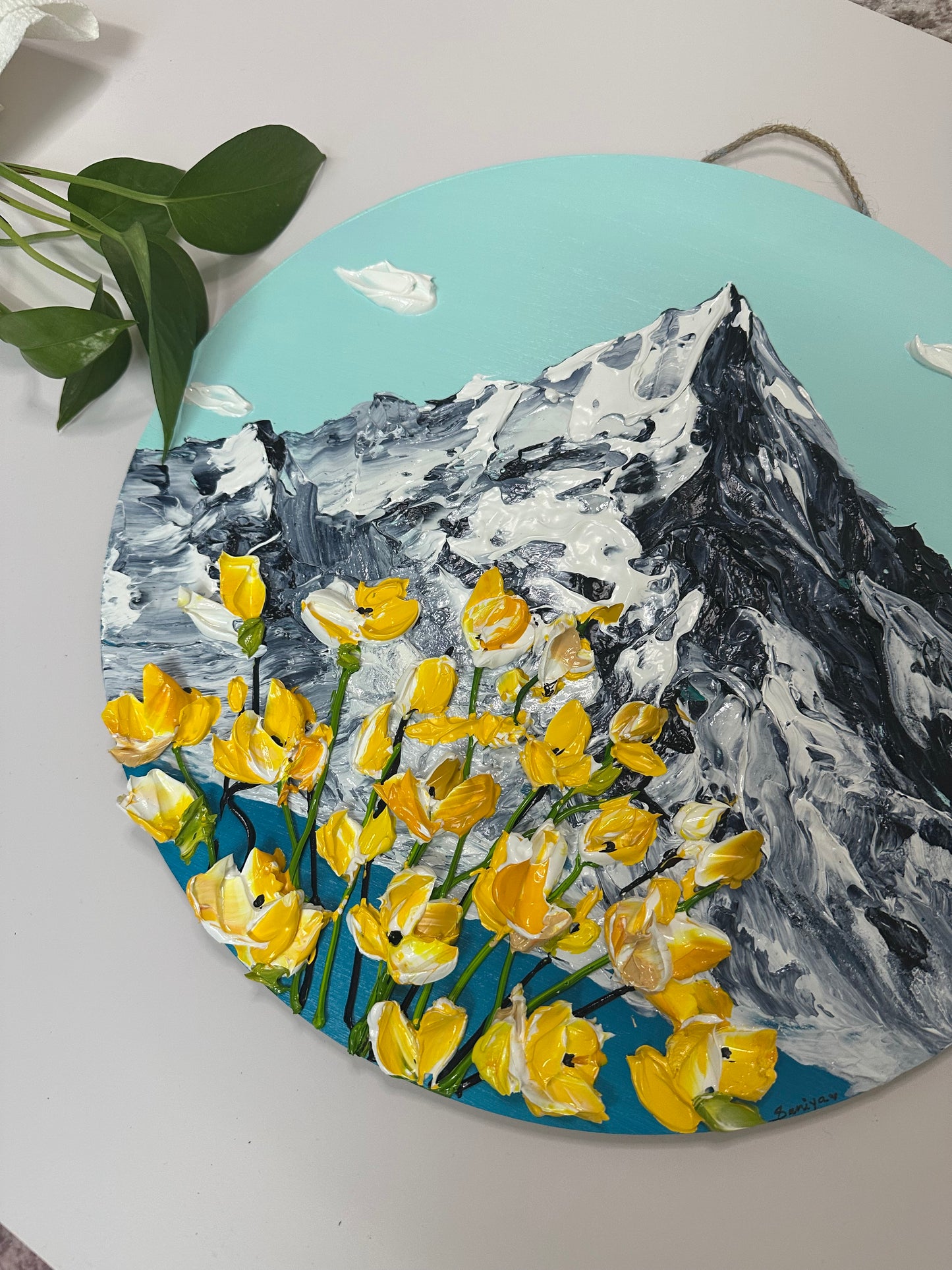 Simply Here – Round Textured Yellow Flower Painting on Wooden Panel | Modern Floral Wall Art