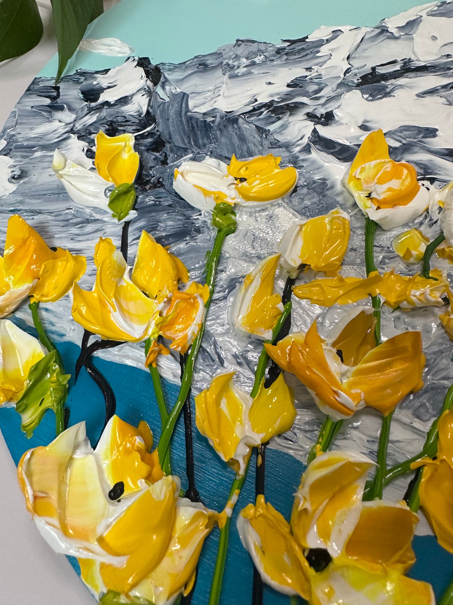 Simply Here – Round Textured Yellow Flower Painting on Wooden Panel | Modern Floral Wall Art