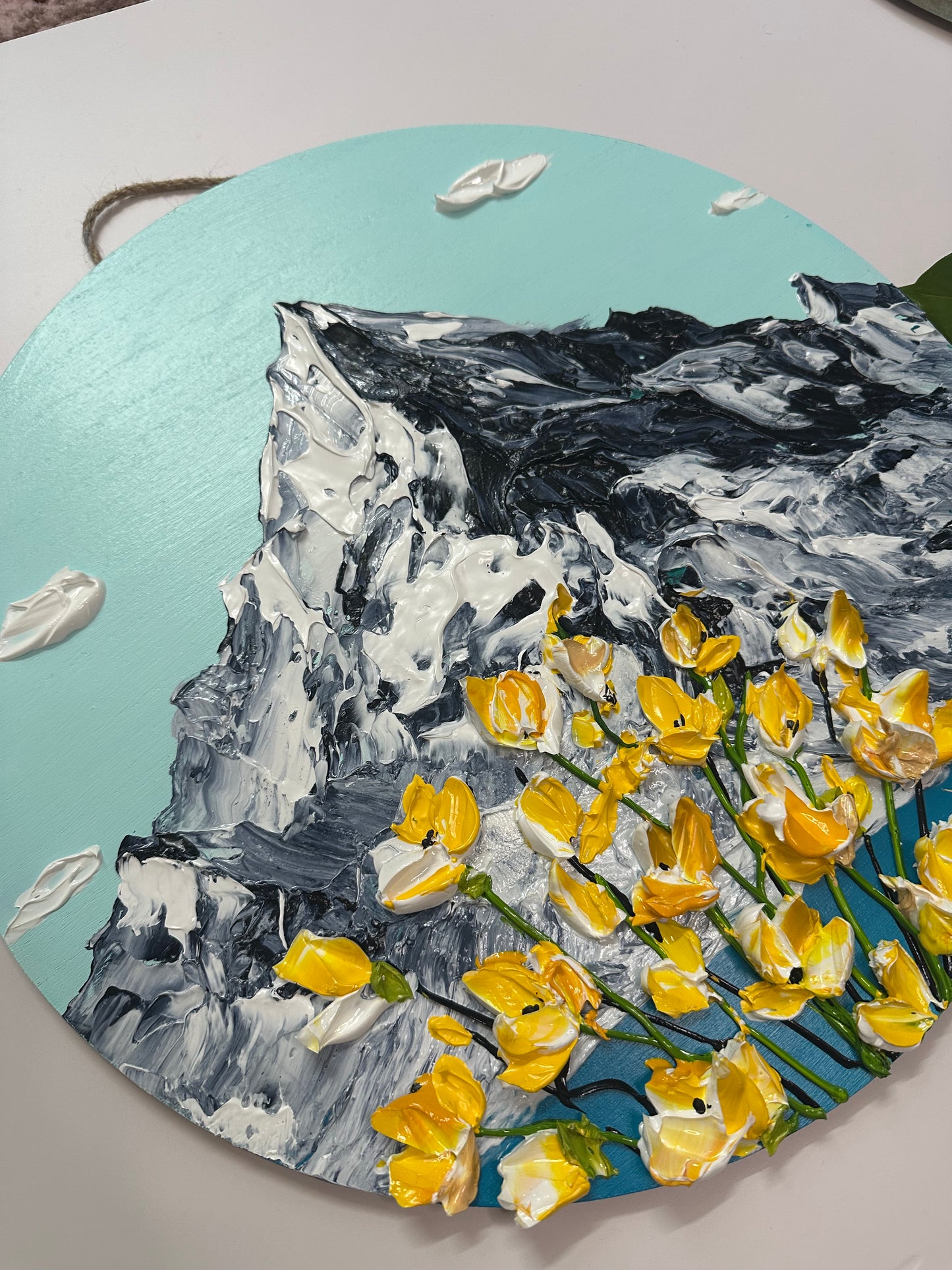 Simply Here – Round Textured Yellow Flower Painting on Wooden Panel | Modern Floral Wall Art
