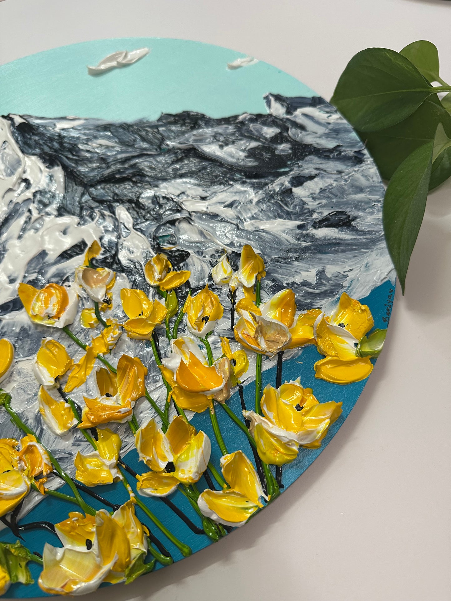 Simply Here – Round Textured Yellow Flower Painting on Wooden Panel | Modern Floral Wall Art