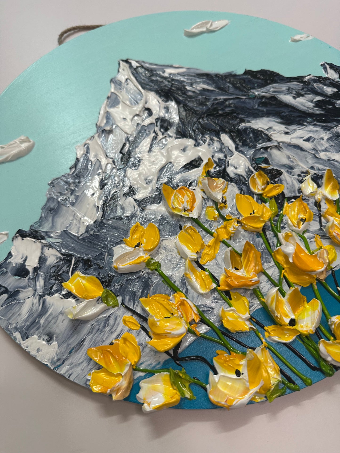 Simply Here – Round Textured Yellow Flower Painting on Wooden Panel | Modern Floral Wall Art