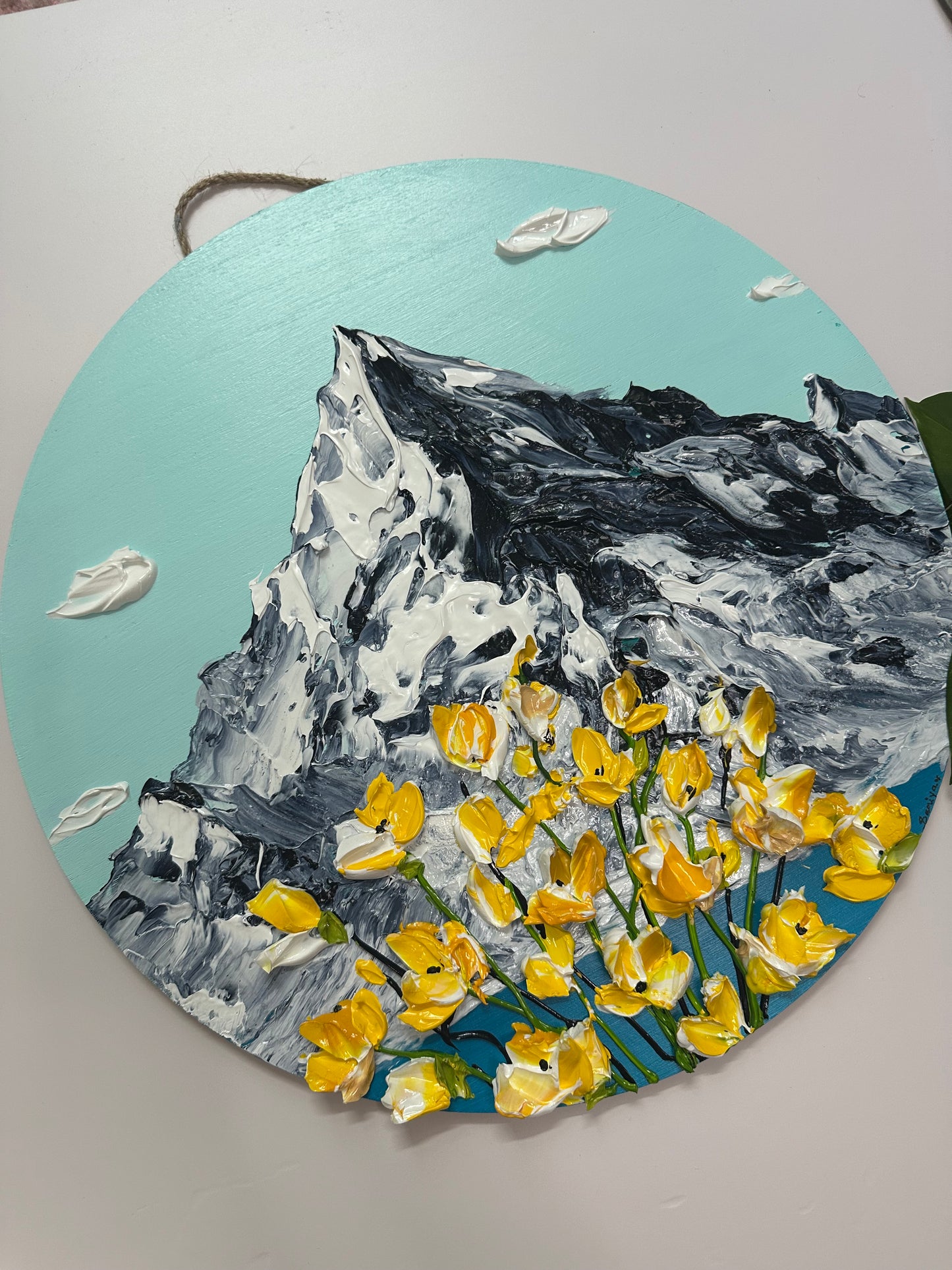 Simply Here – Round Textured Yellow Flower Painting on Wooden Panel | Modern Floral Wall Art