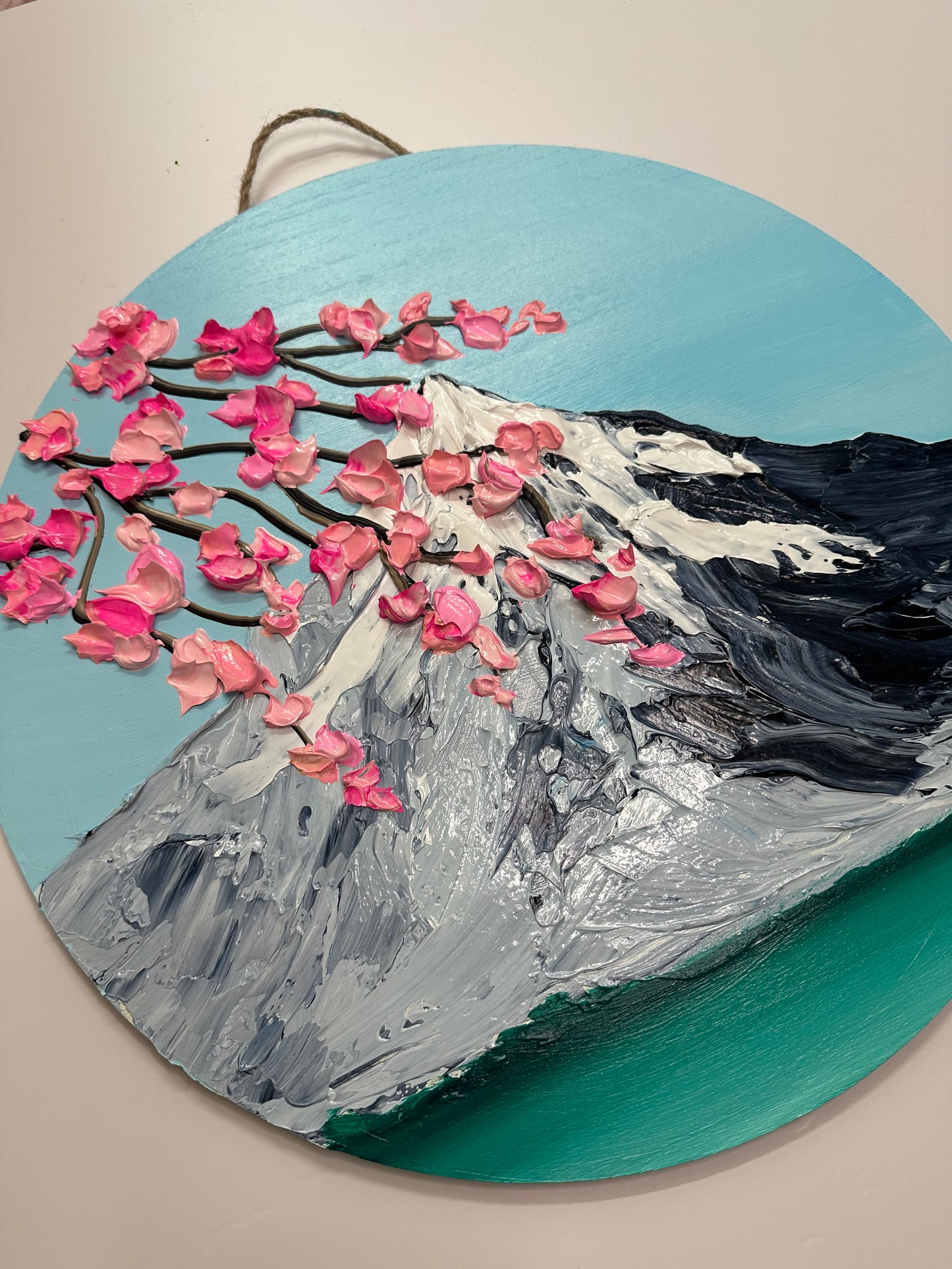 Simply Here – Round Textured Cherry Blossom Painting with Snowy Mountains and Water | Modern Nature Wall Art