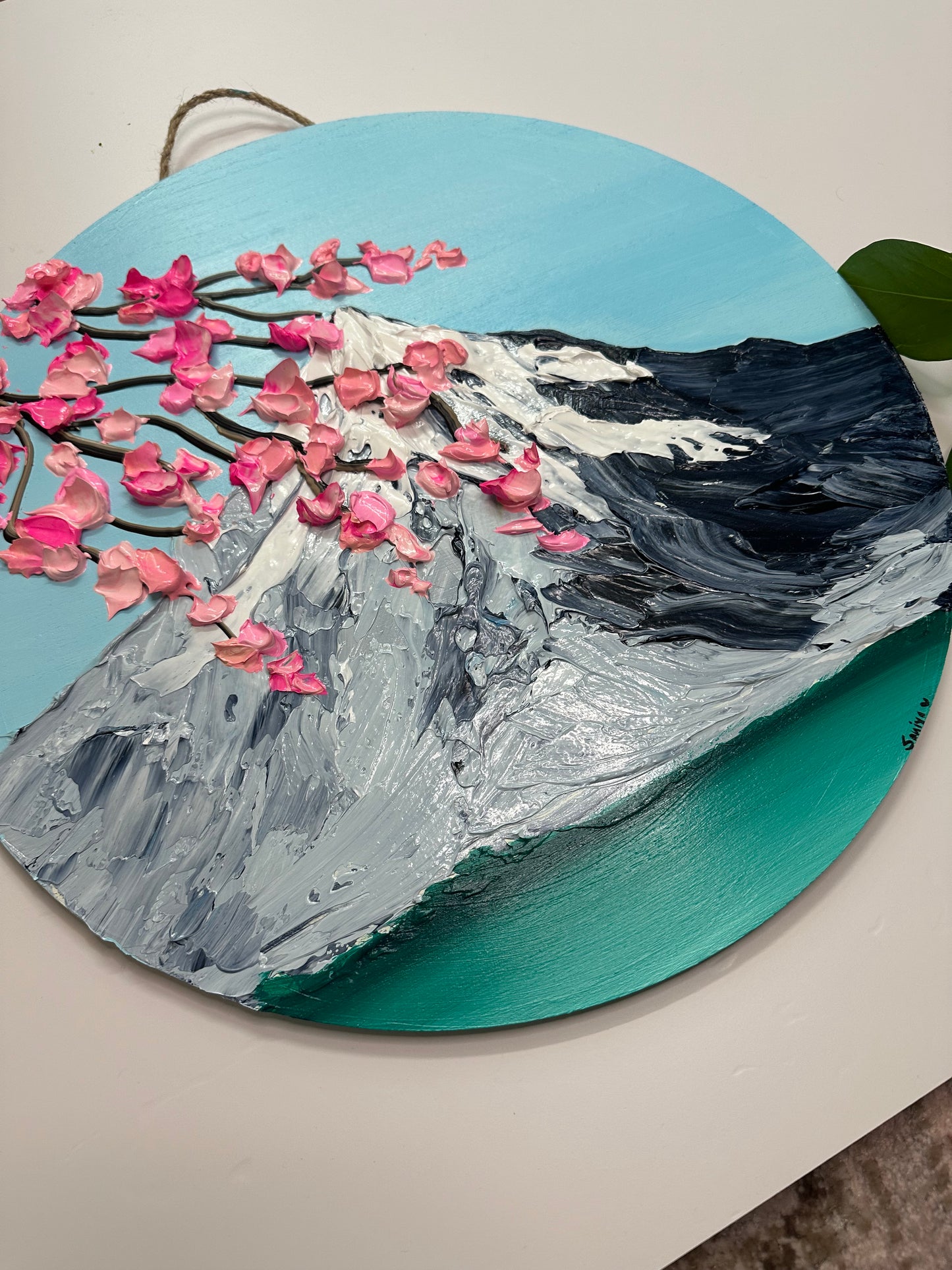 Simply Here – Round Textured Cherry Blossom Painting with Snowy Mountains and Water | Modern Nature Wall Art