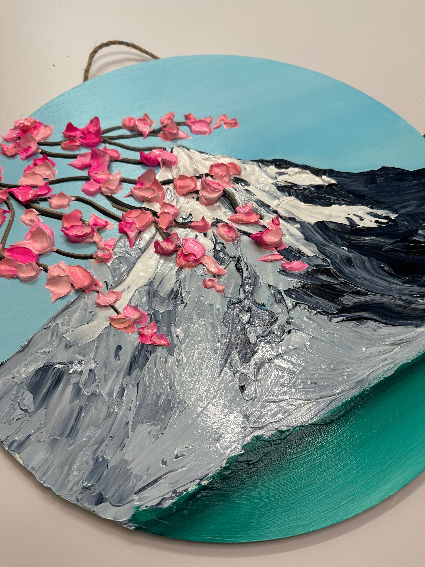 Simply Here – Round Textured Cherry Blossom Painting with Snowy Mountains and Water | Modern Nature Wall Art