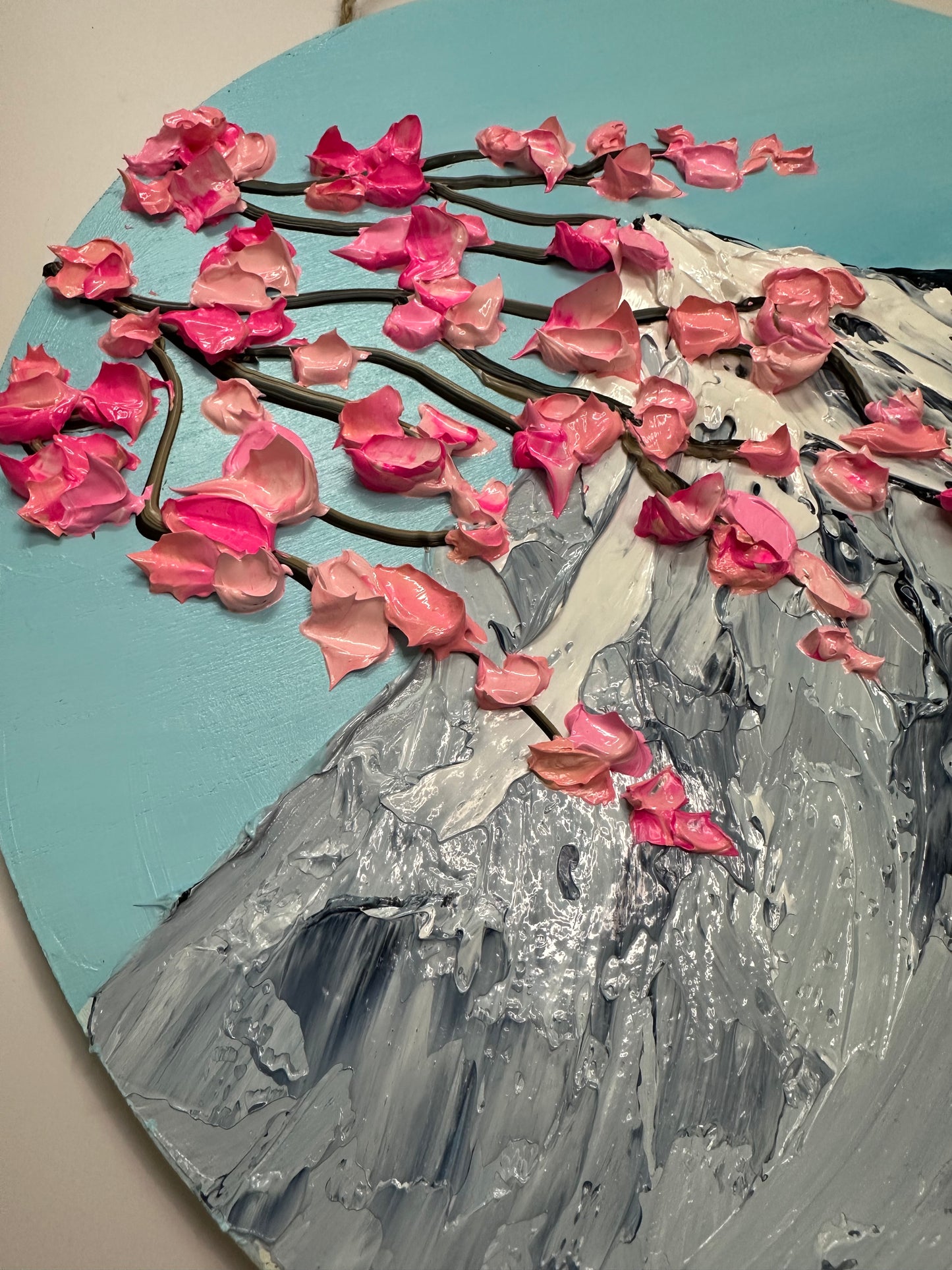 Simply Here – Round Textured Cherry Blossom Painting with Snowy Mountains and Water | Modern Nature Wall Art