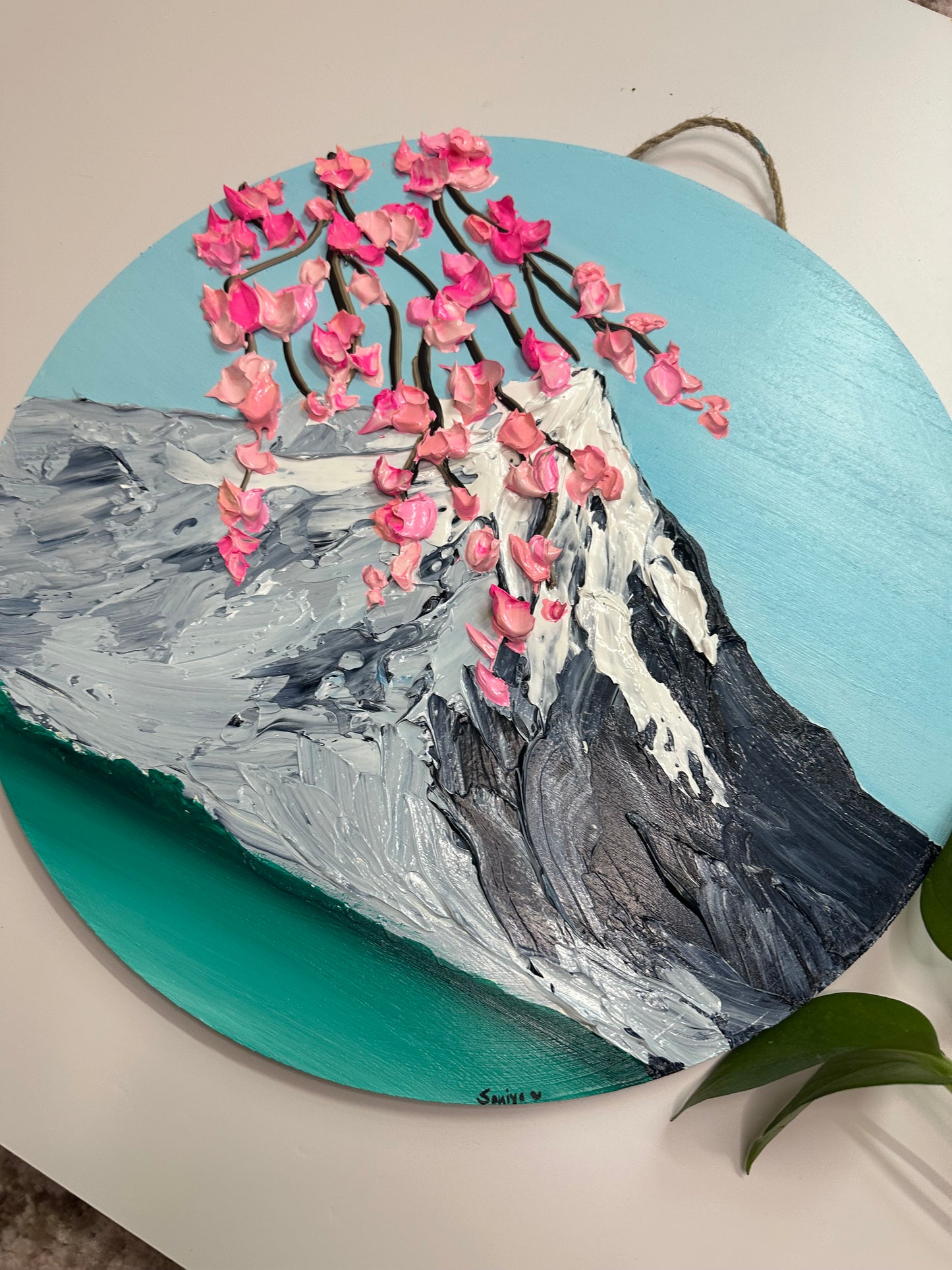 Simply Here – Round Textured Cherry Blossom Painting with Snowy Mountains and Water | Modern Nature Wall Art