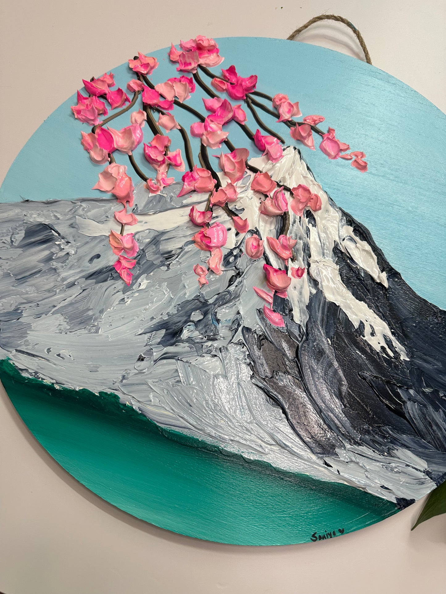 Simply Here – Round Textured Cherry Blossom Painting with Snowy Mountains and Water | Modern Nature Wall Art