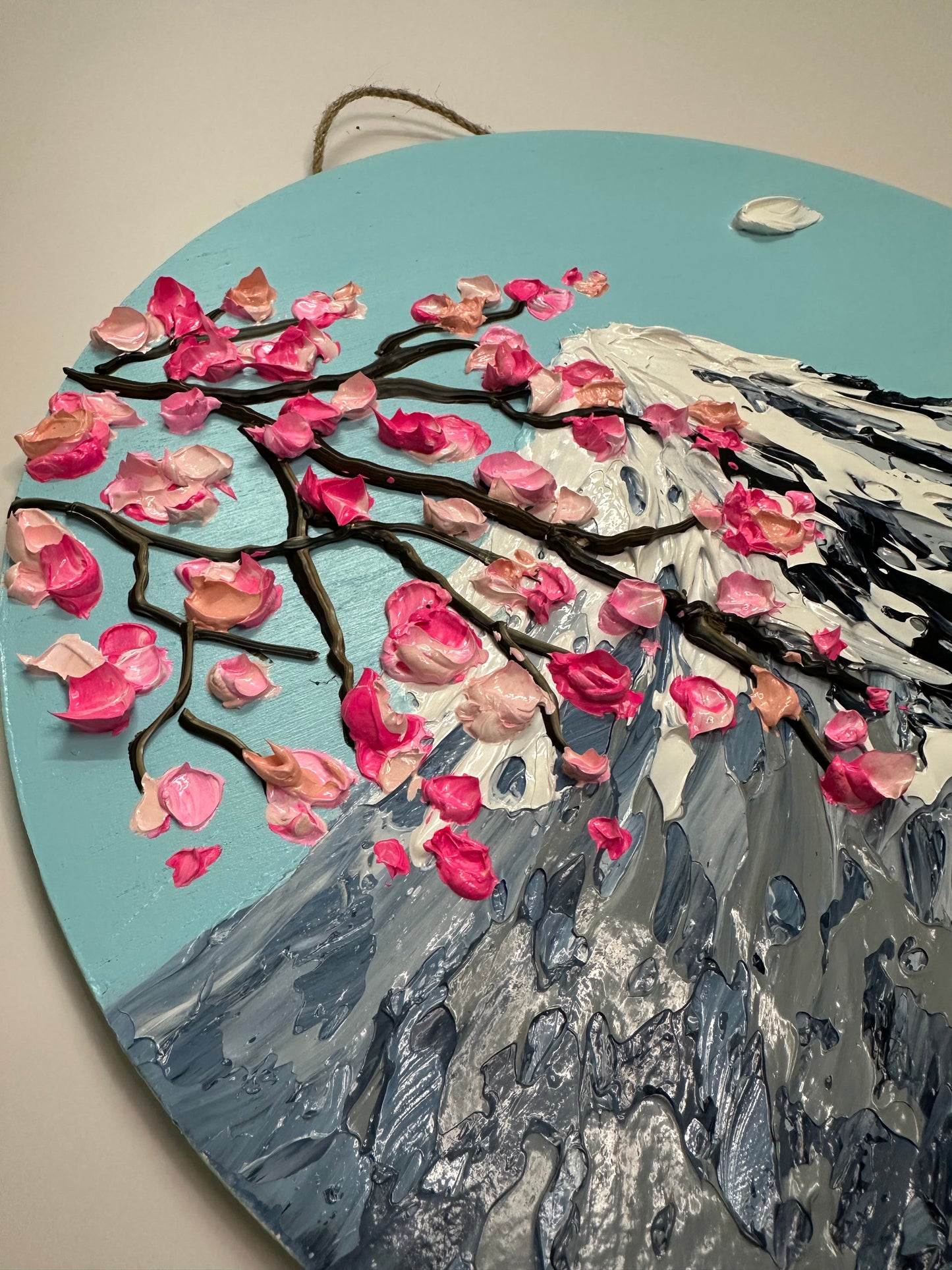 Simply Here – Round Textured Cherry Blossom Painting with Snowy Mountains and Water | Modern Nature Wall Art