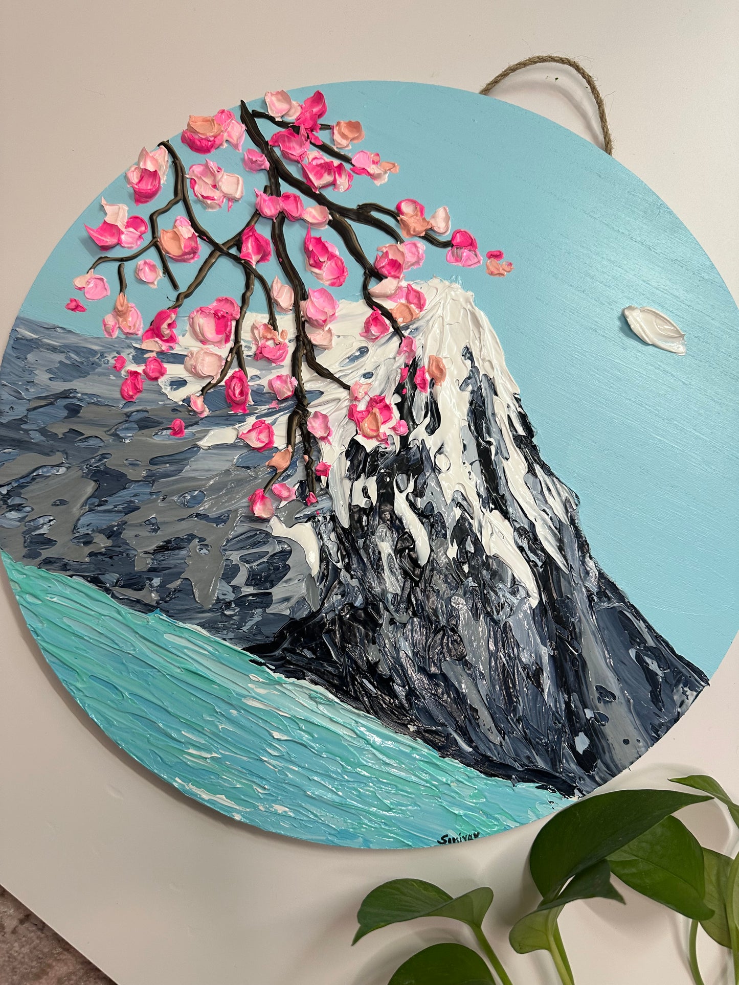 Simply Here – Round Textured Cherry Blossom Painting with Snowy Mountains and Water | Modern Nature Wall Art