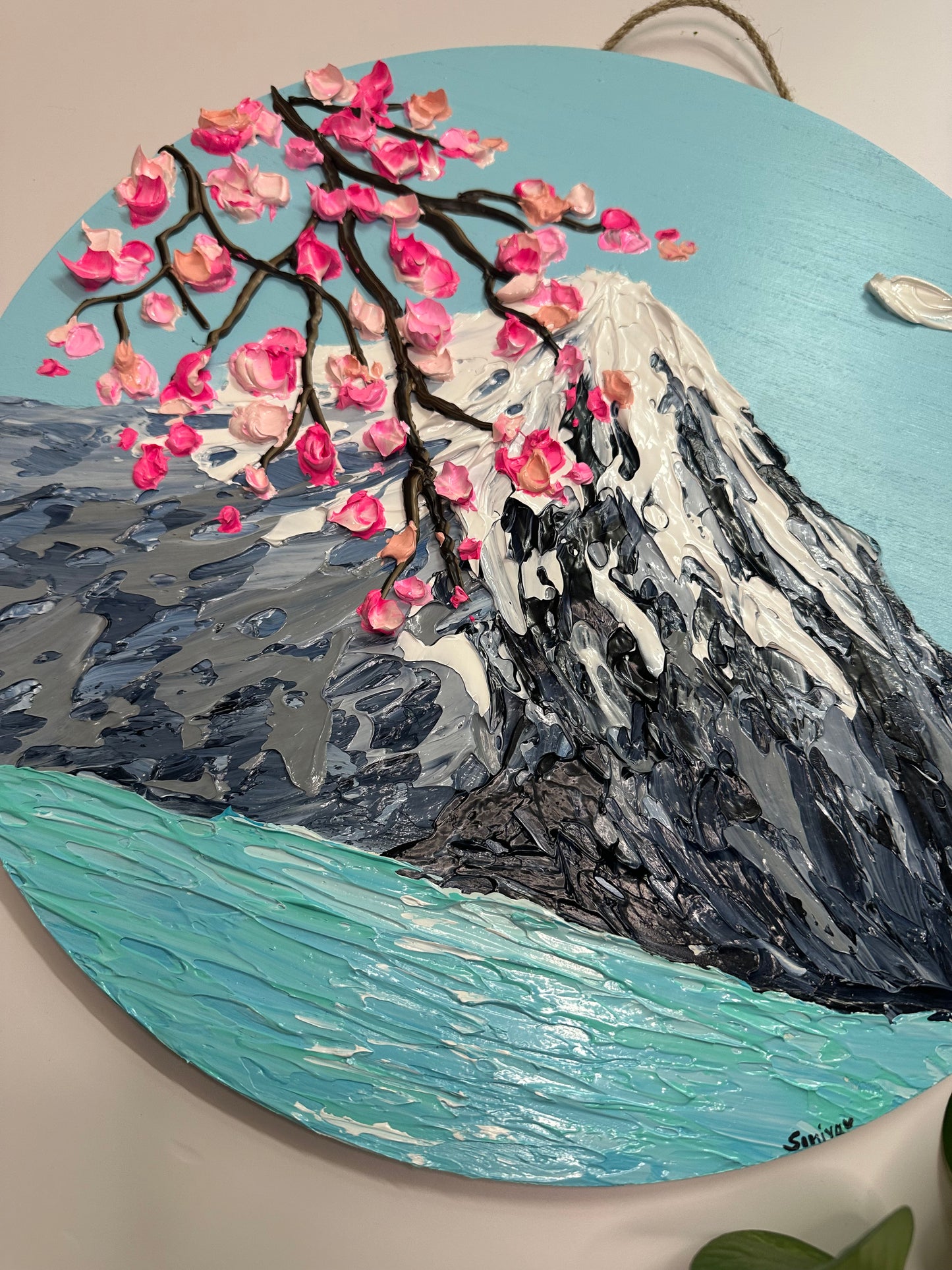 Simply Here – Round Textured Cherry Blossom Painting with Snowy Mountains and Water | Modern Nature Wall Art