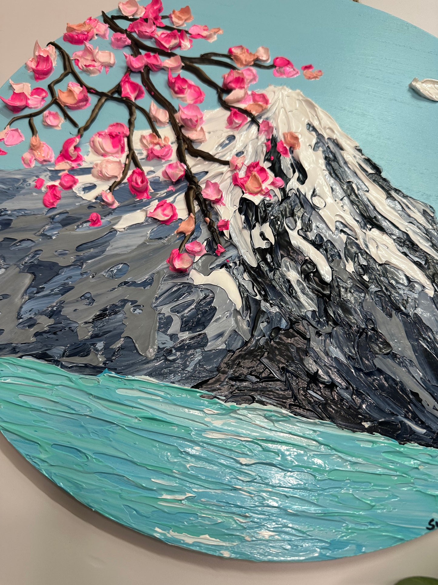 Simply Here – Round Textured Cherry Blossom Painting with Snowy Mountains and Water | Modern Nature Wall Art