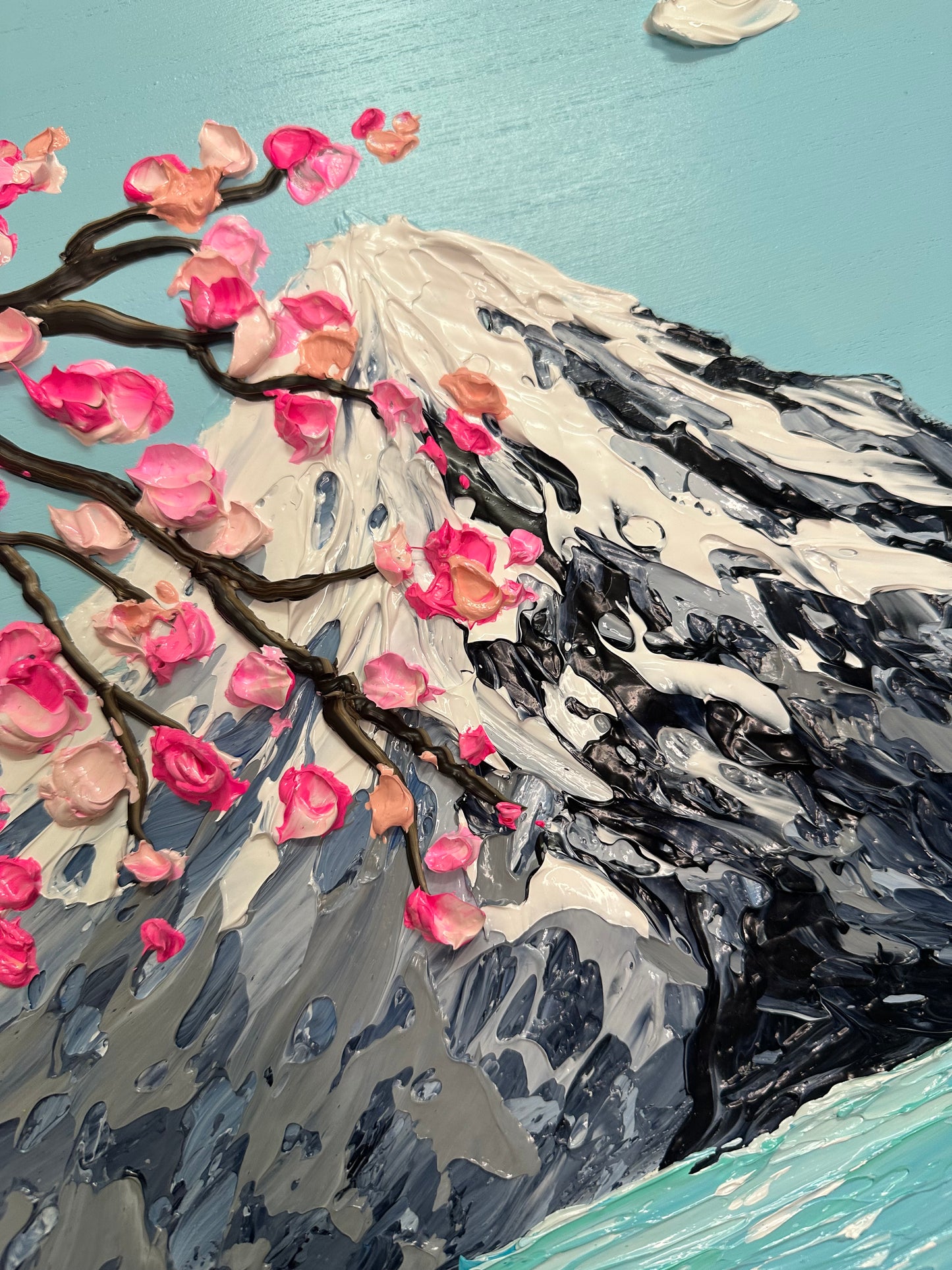 Simply Here – Round Textured Cherry Blossom Painting with Snowy Mountains and Water | Modern Nature Wall Art