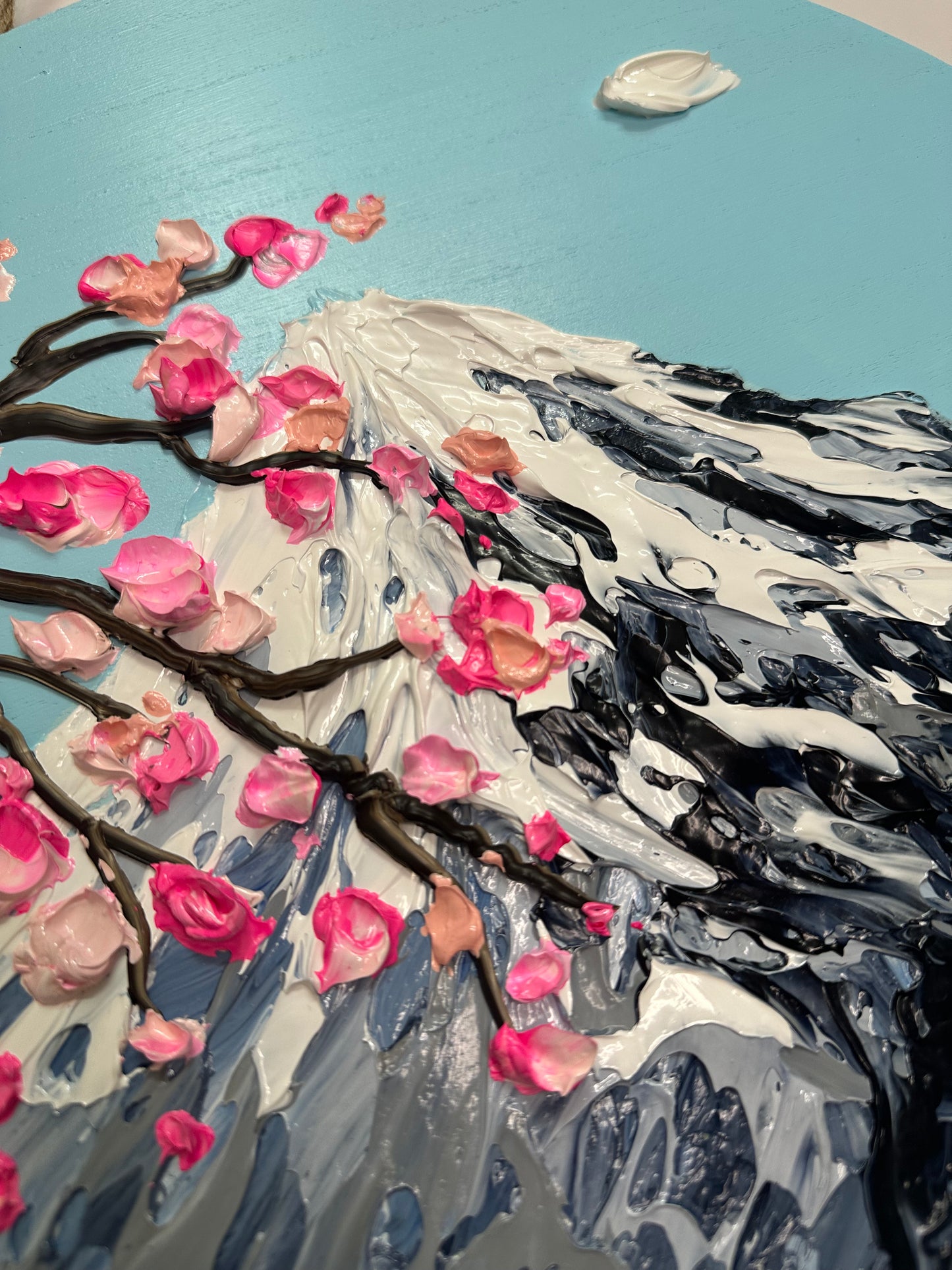 Simply Here – Round Textured Cherry Blossom Painting with Snowy Mountains and Water | Modern Nature Wall Art
