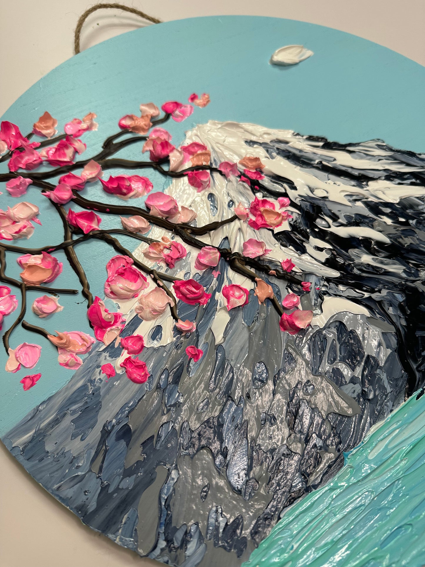 Simply Here – Round Textured Cherry Blossom Painting with Snowy Mountains and Water | Modern Nature Wall Art