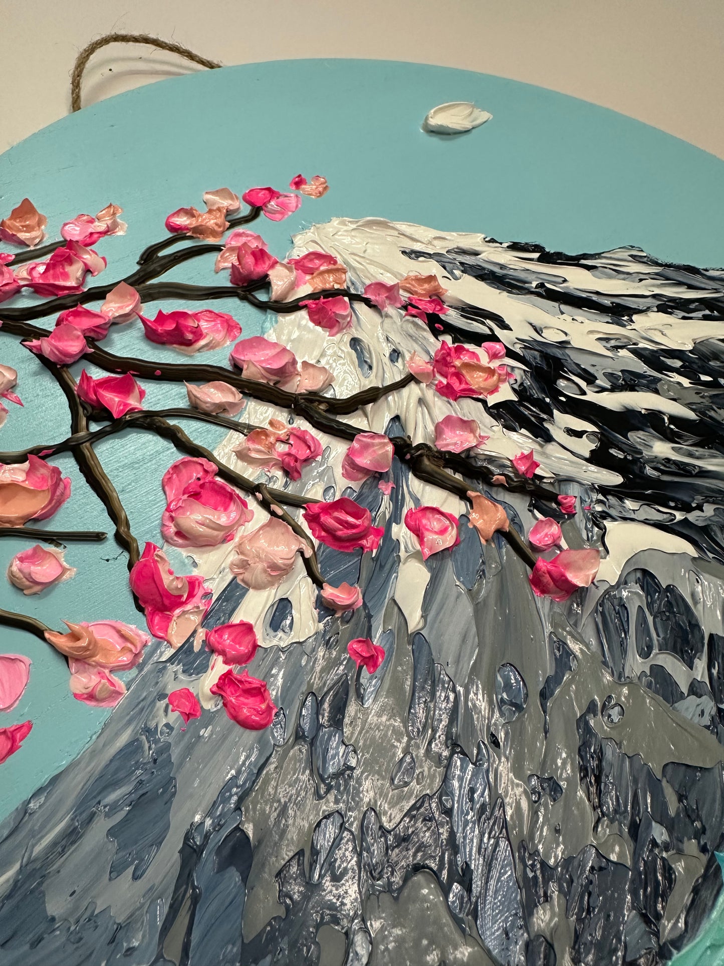 Simply Here – Round Textured Cherry Blossom Painting with Snowy Mountains and Water | Modern Nature Wall Art