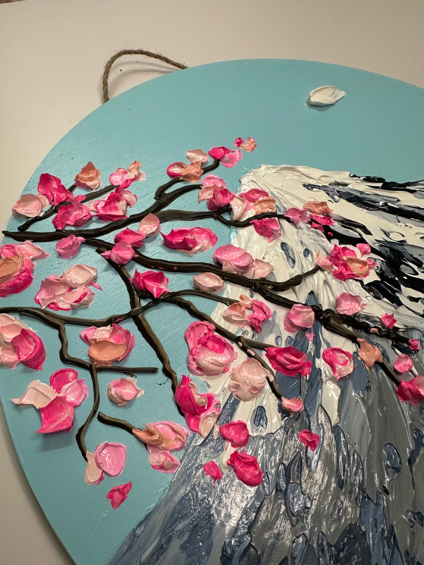 Simply Here – Round Textured Cherry Blossom Painting with Snowy Mountains and Water | Modern Nature Wall Art