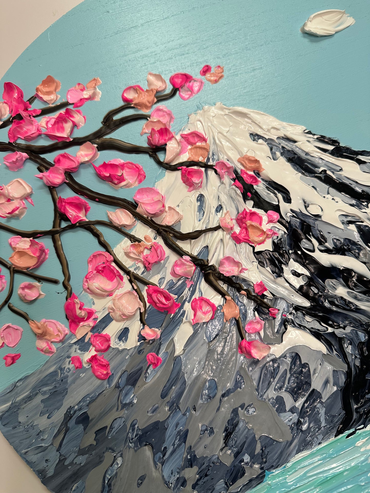 Simply Here – Round Textured Cherry Blossom Painting with Snowy Mountains and Water | Modern Nature Wall Art