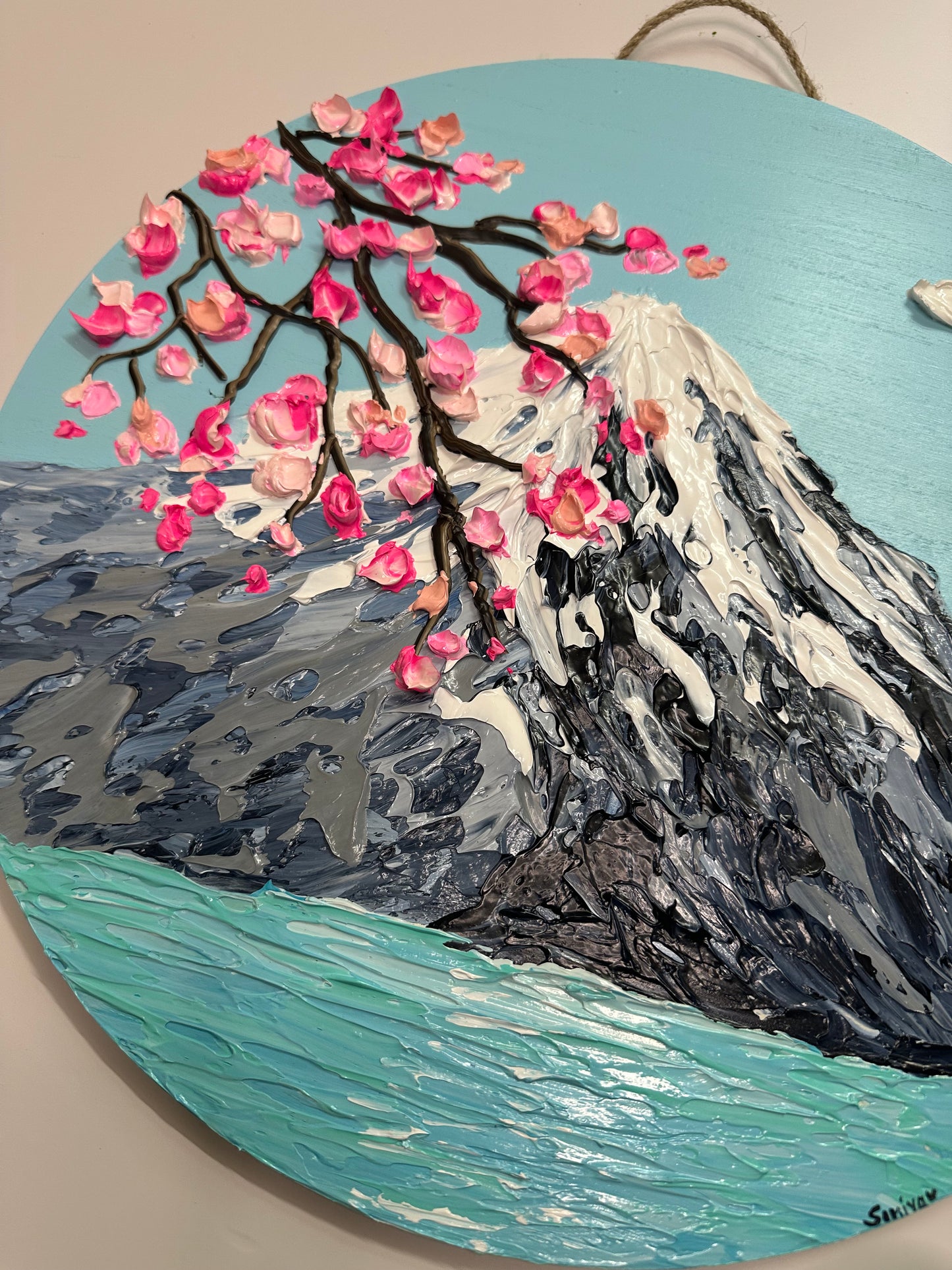 Simply Here – Round Textured Cherry Blossom Painting with Snowy Mountains and Water | Modern Nature Wall Art
