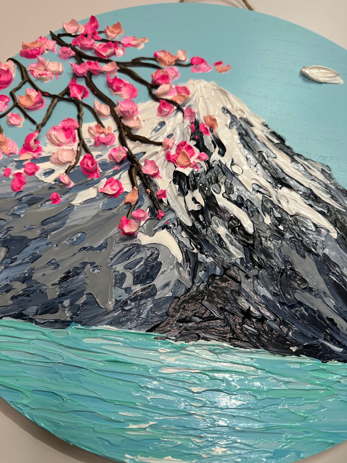 Simply Here – Round Textured Cherry Blossom Painting with Snowy Mountains and Water | Modern Nature Wall Art