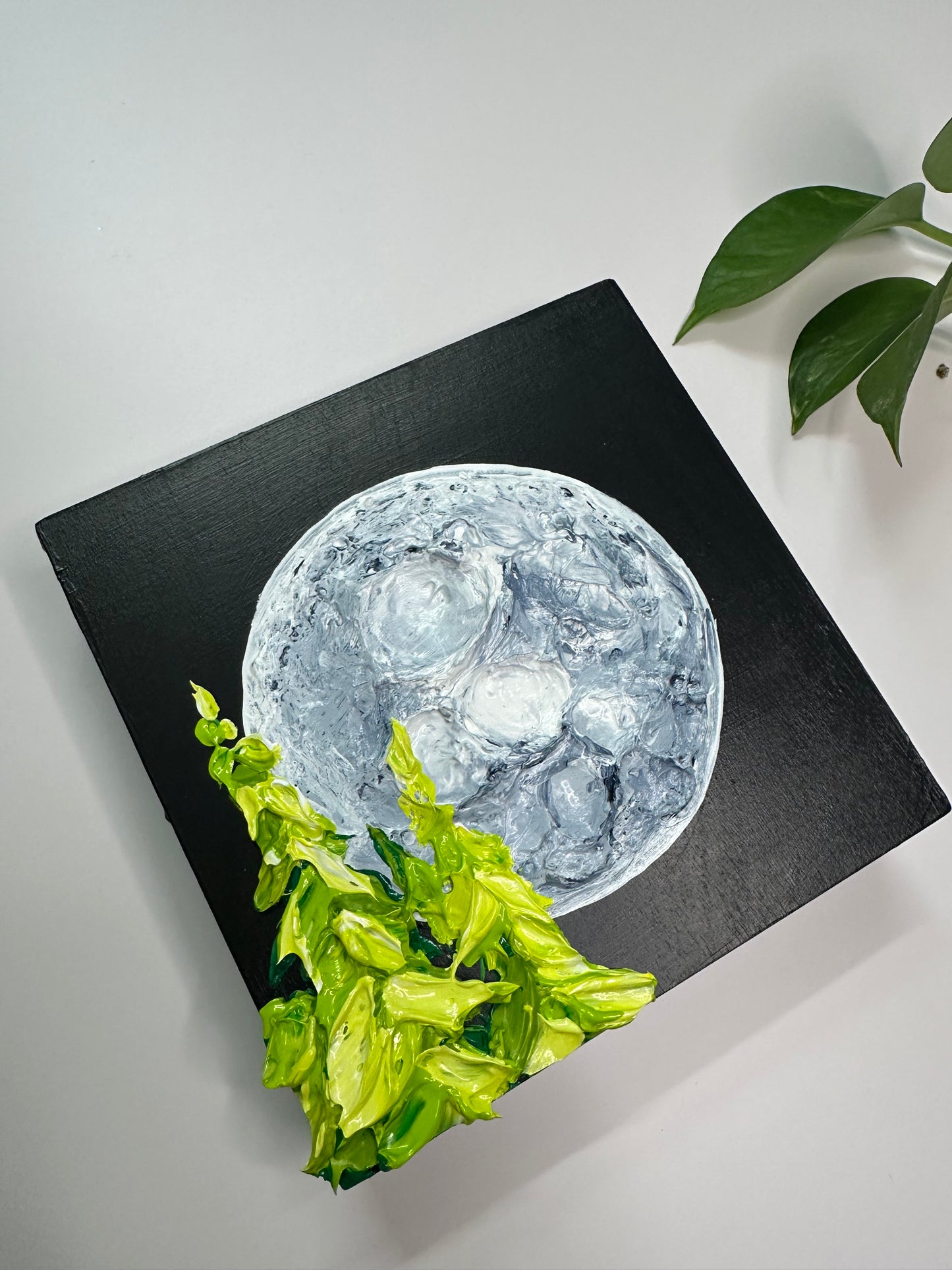 Midnight Glow – Mini Full Moon Textured Painting on 6x6 Wooden Panel | Affordable Night Landscape Art