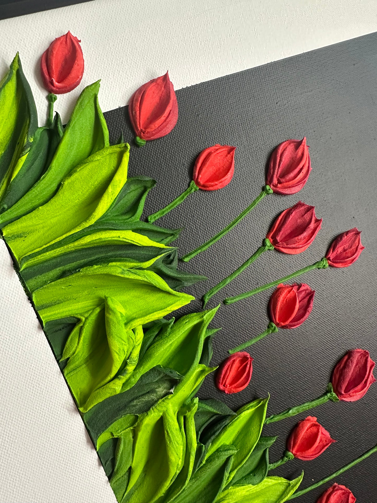 Vibrant Red Tulips on Black | Luxury Textured Floral Painting