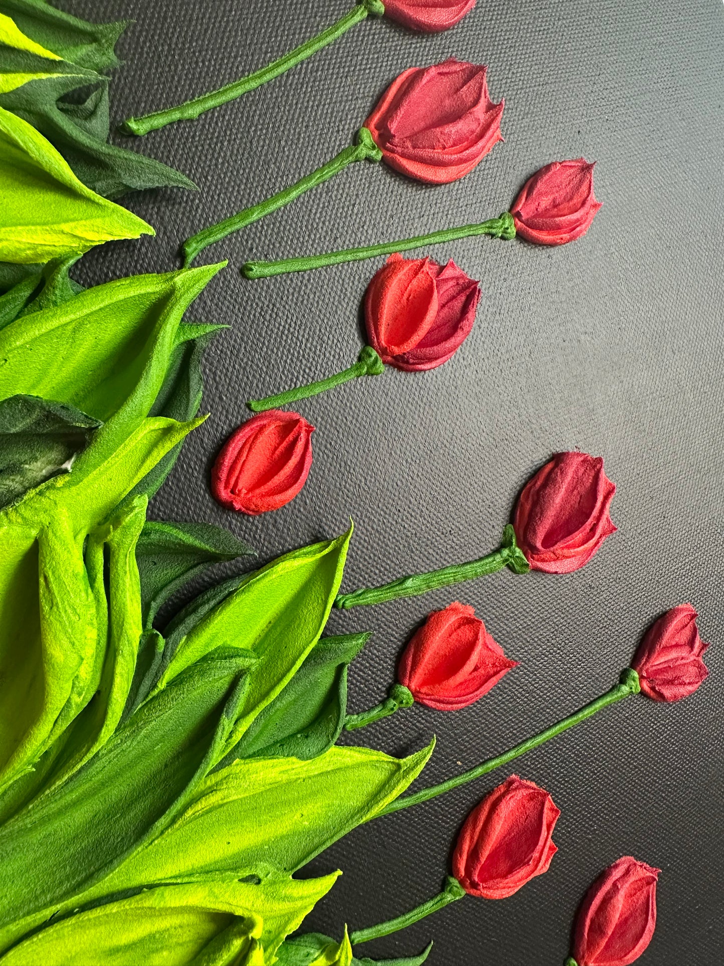 Vibrant Red Tulips on Black | Luxury Textured Floral Painting