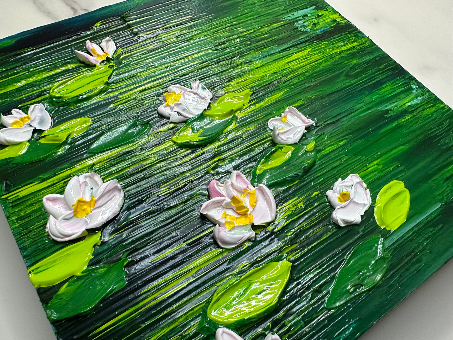 Water Lily Textured Art on Wood – 6x6 Original Handmade Floral Painting