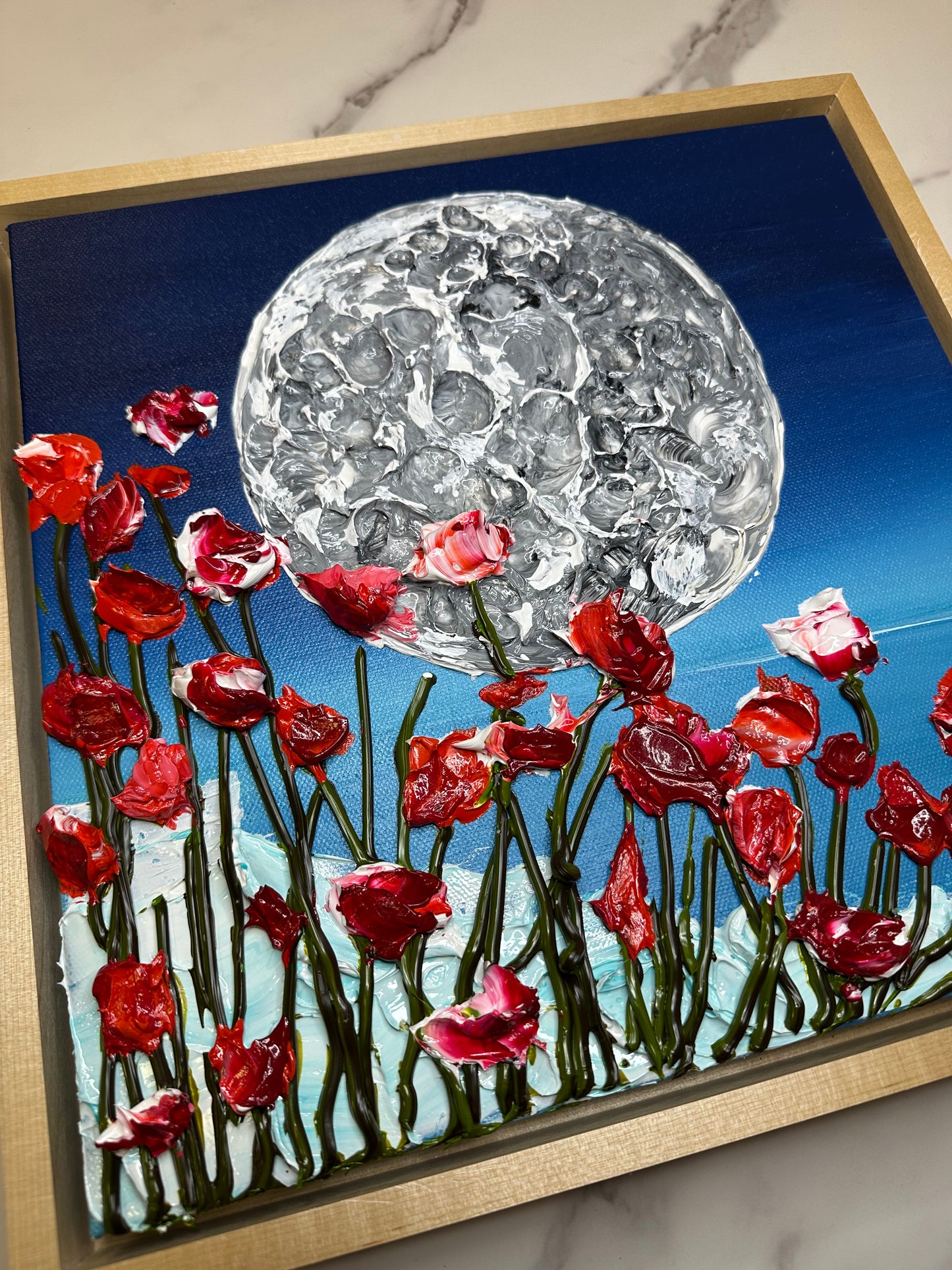 Midnight Bloom – Original Textured Moon & Poppies Painting