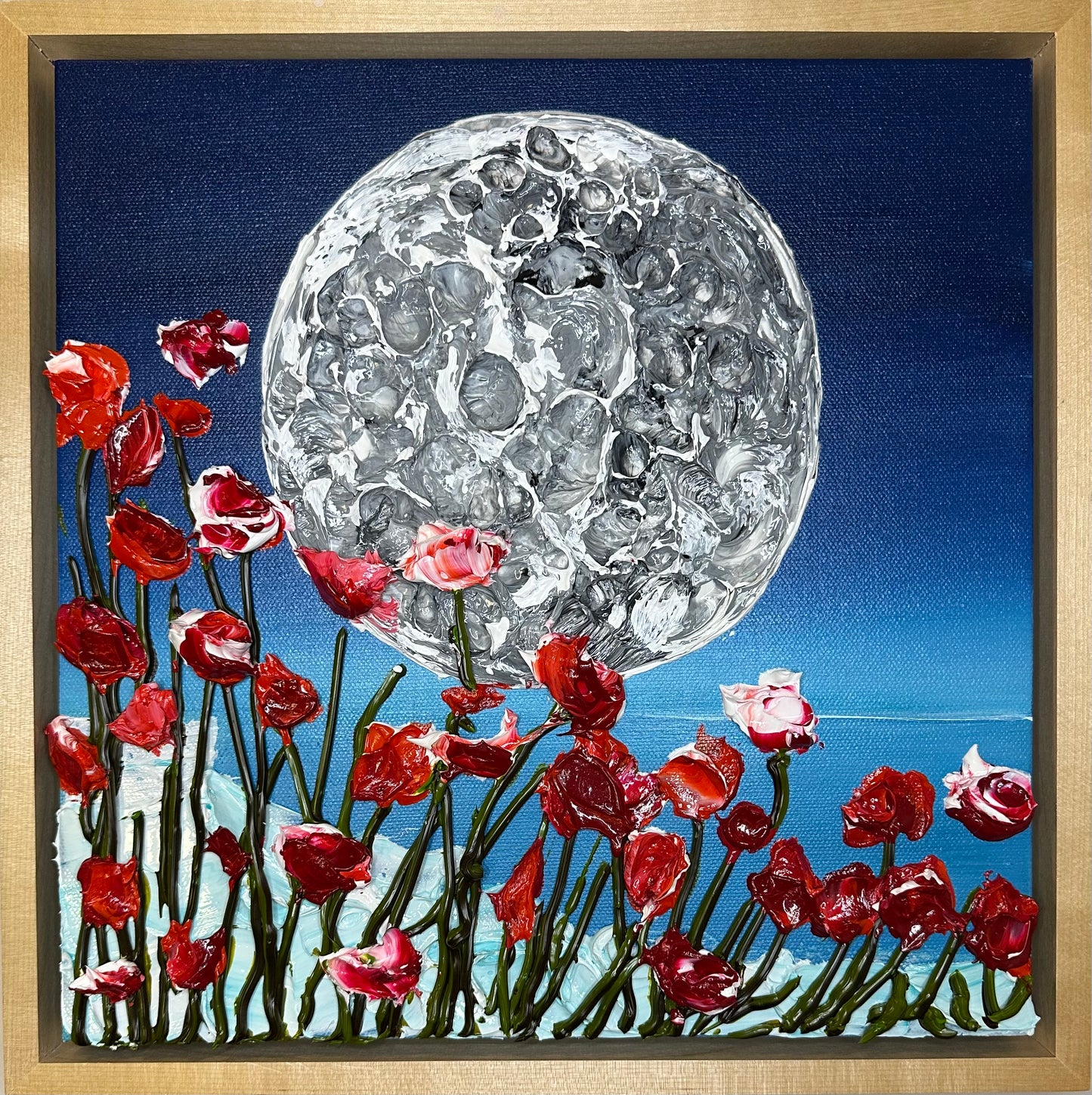 Midnight Bloom – Original Textured Moon & Poppies Painting
