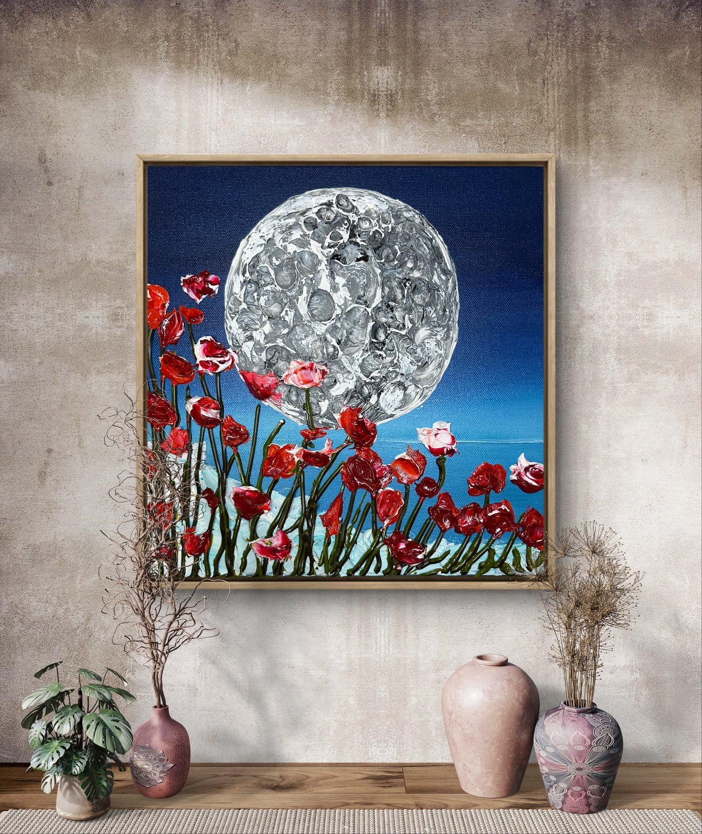 Midnight Bloom – Original Textured Moon & Poppies Painting