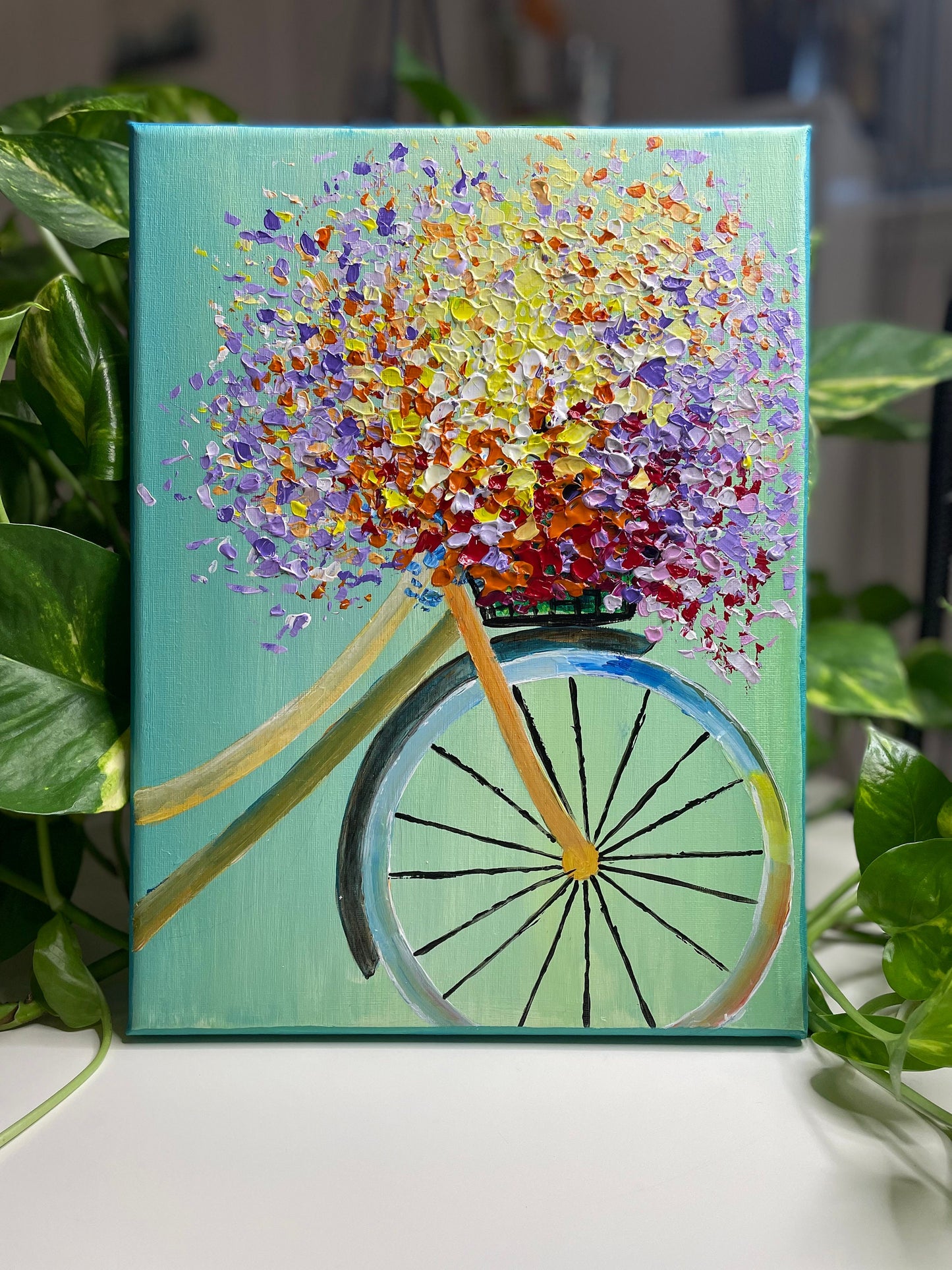 Happiness | textured floral art | bicycle full of flowers