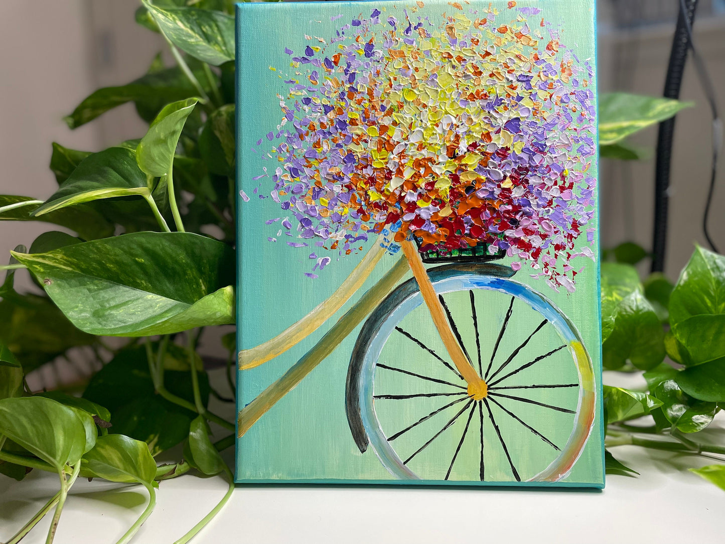 Happiness | textured floral art | bicycle full of flowers