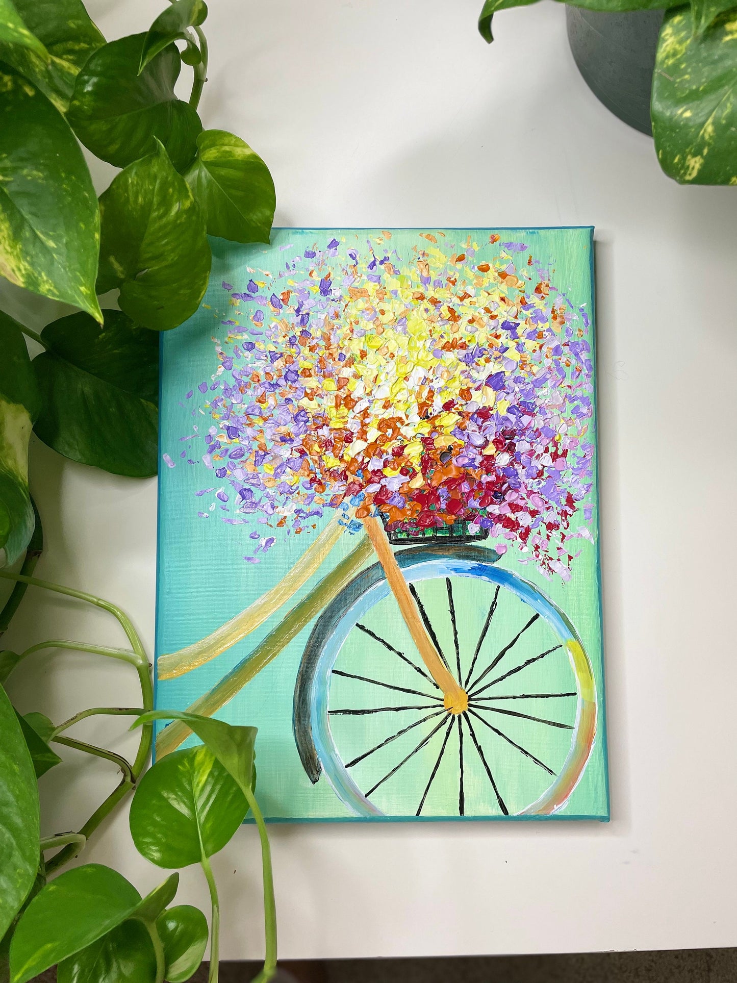Happiness | textured floral art | bicycle full of flowers