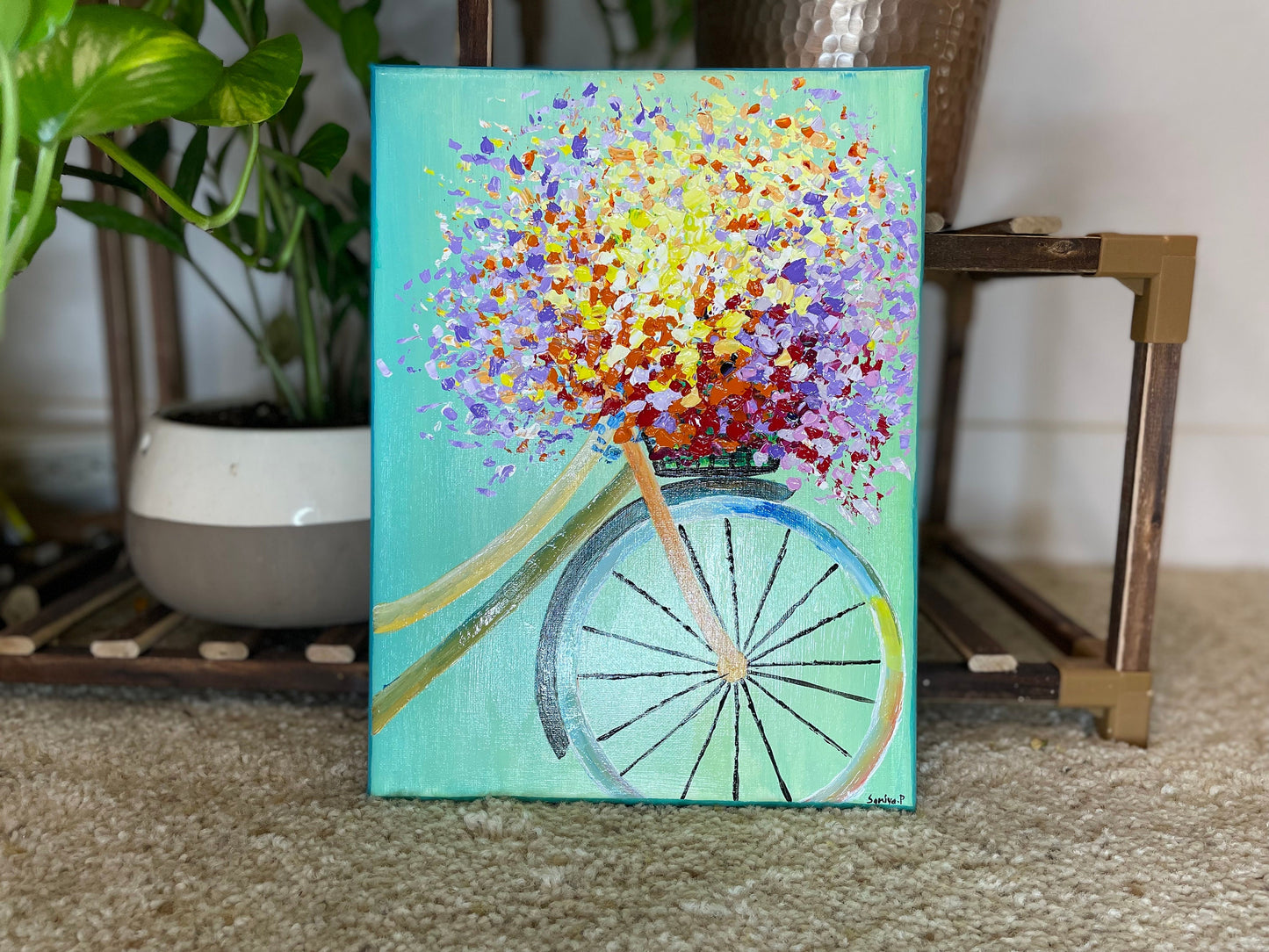 Happiness | textured floral art | bicycle full of flowers