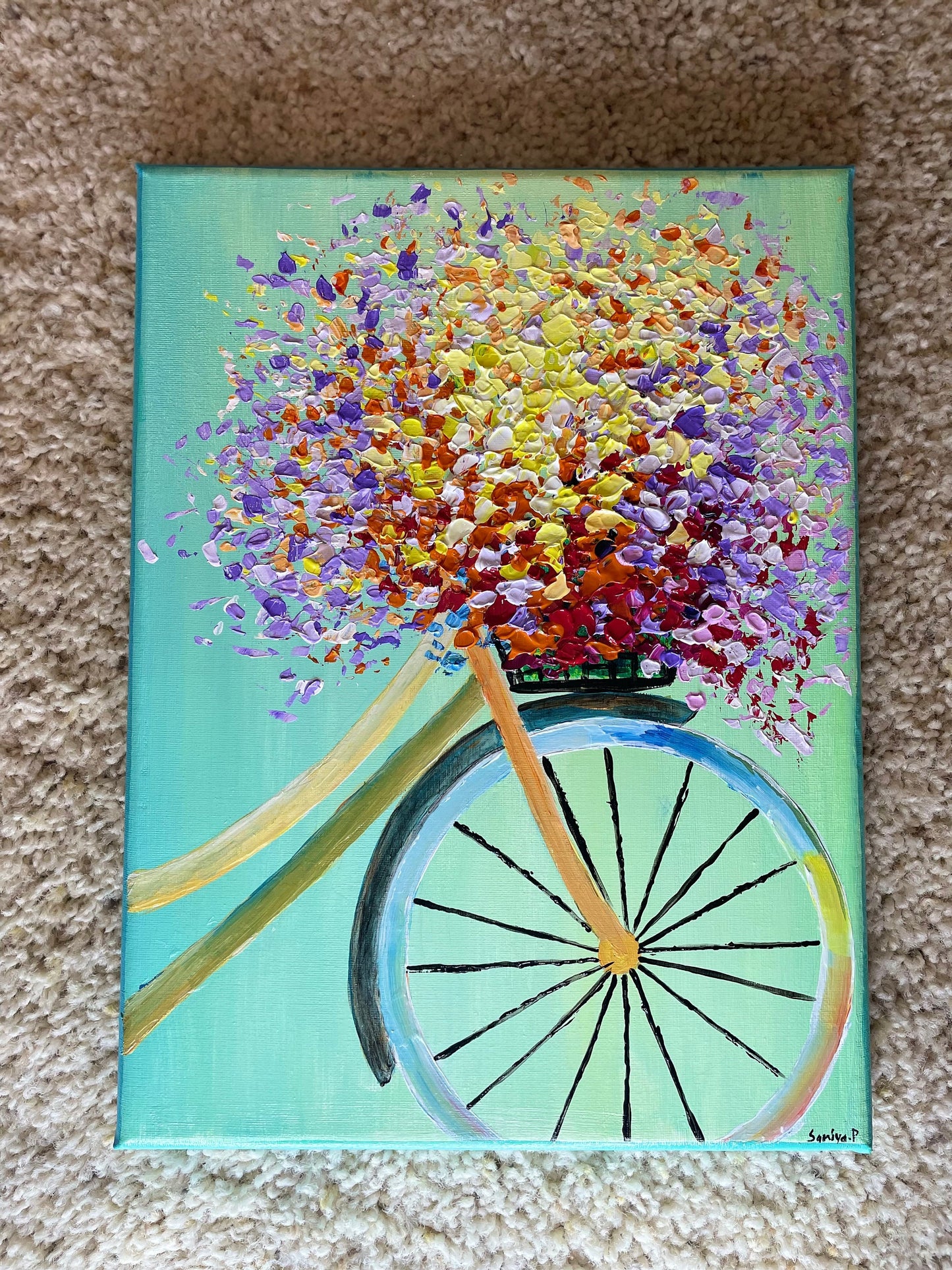 Happiness | textured floral art | bicycle full of flowers