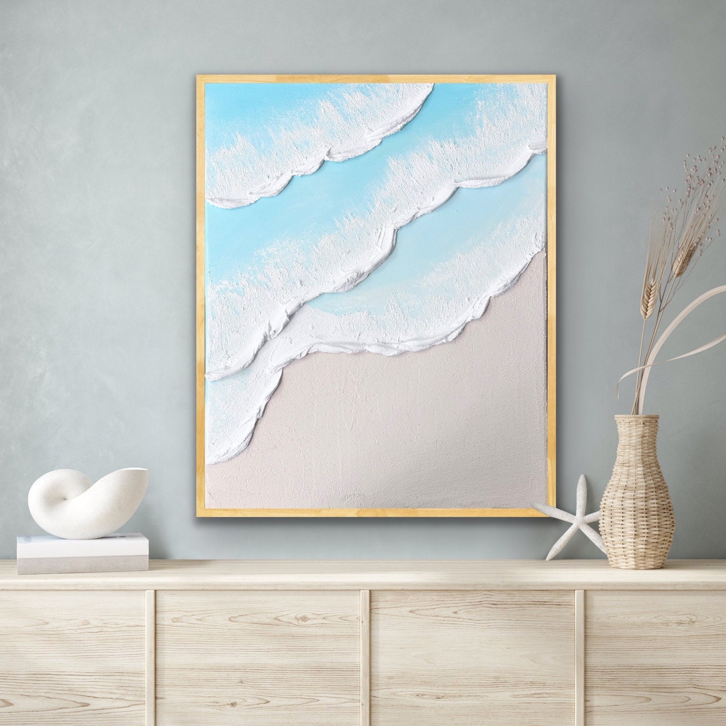 Textured Ocean Beach Painting | Textured Wall Art |3D Minimalist Blue Ocean Painting