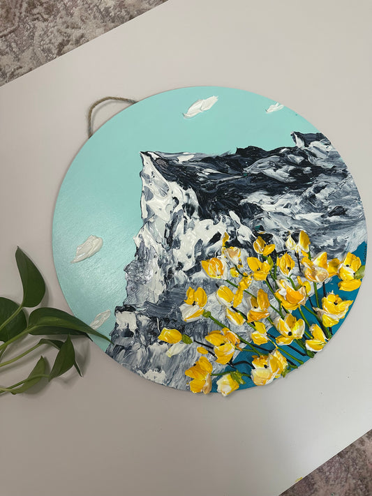 Simply Here – Round Textured Yellow Flower Painting on Wooden Panel | Modern Floral Wall Art