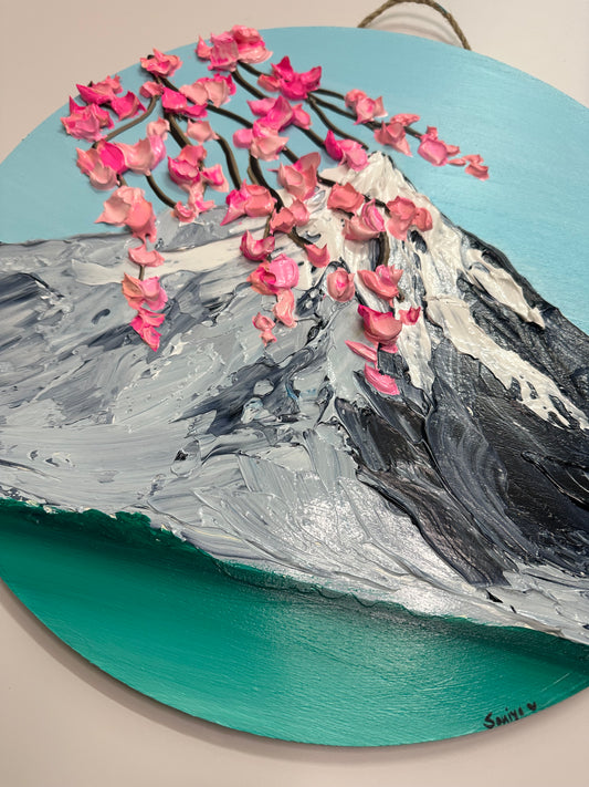 Simply Here – Round Textured Cherry Blossom Painting with Snowy Mountains and Water | Modern Nature Wall Art