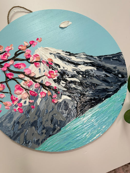 Simply Here – Round Textured Cherry Blossom Painting with Snowy Mountains and Water | Modern Nature Wall Art