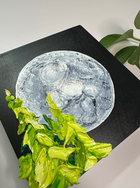 Midnight Glow – Mini Full Moon Textured Painting on 6x6 Wooden Panel | Affordable Night Landscape Art