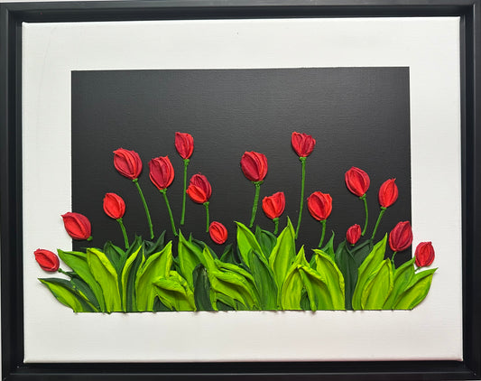 Vibrant Red Tulips on Black | Luxury Textured Floral Painting