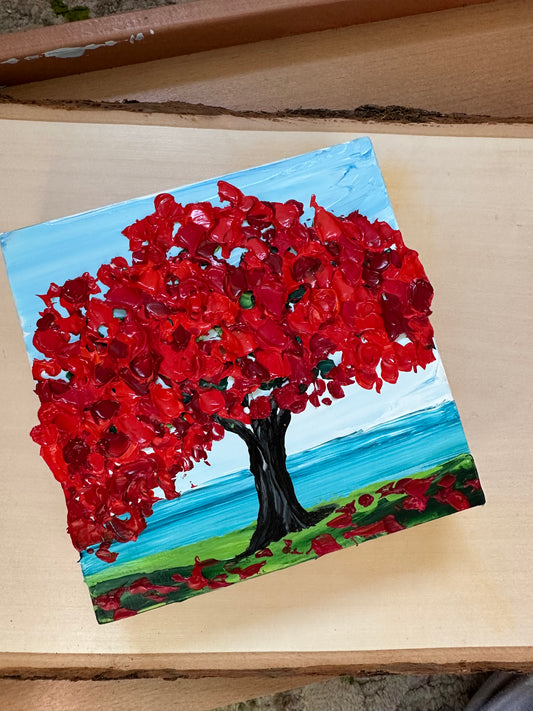 Textured Red Tree Painting on Wood Panel – 6x6 Original Artwork for Home Décor